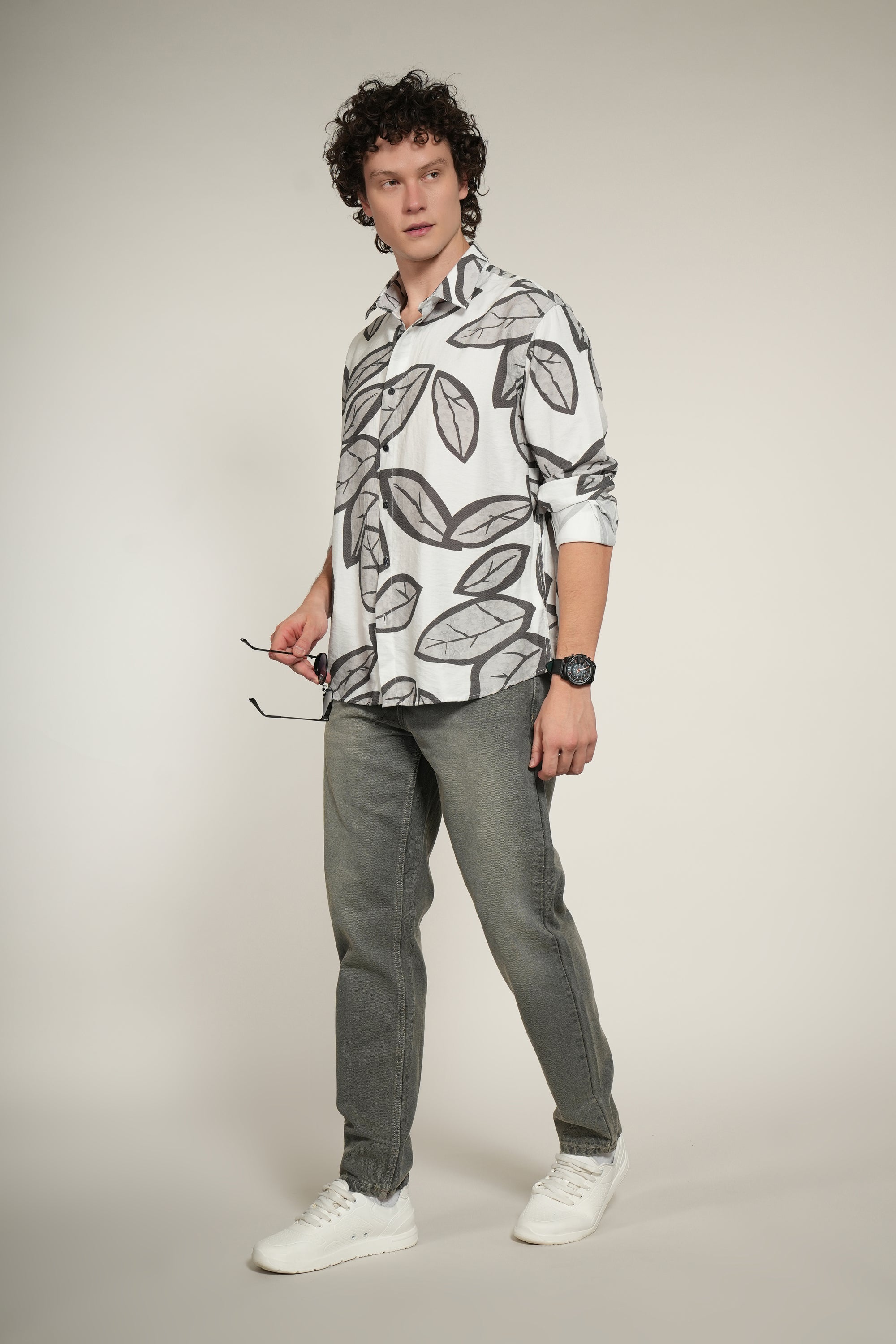 White Printed Relaxed Fit Full Sleeve Shirt