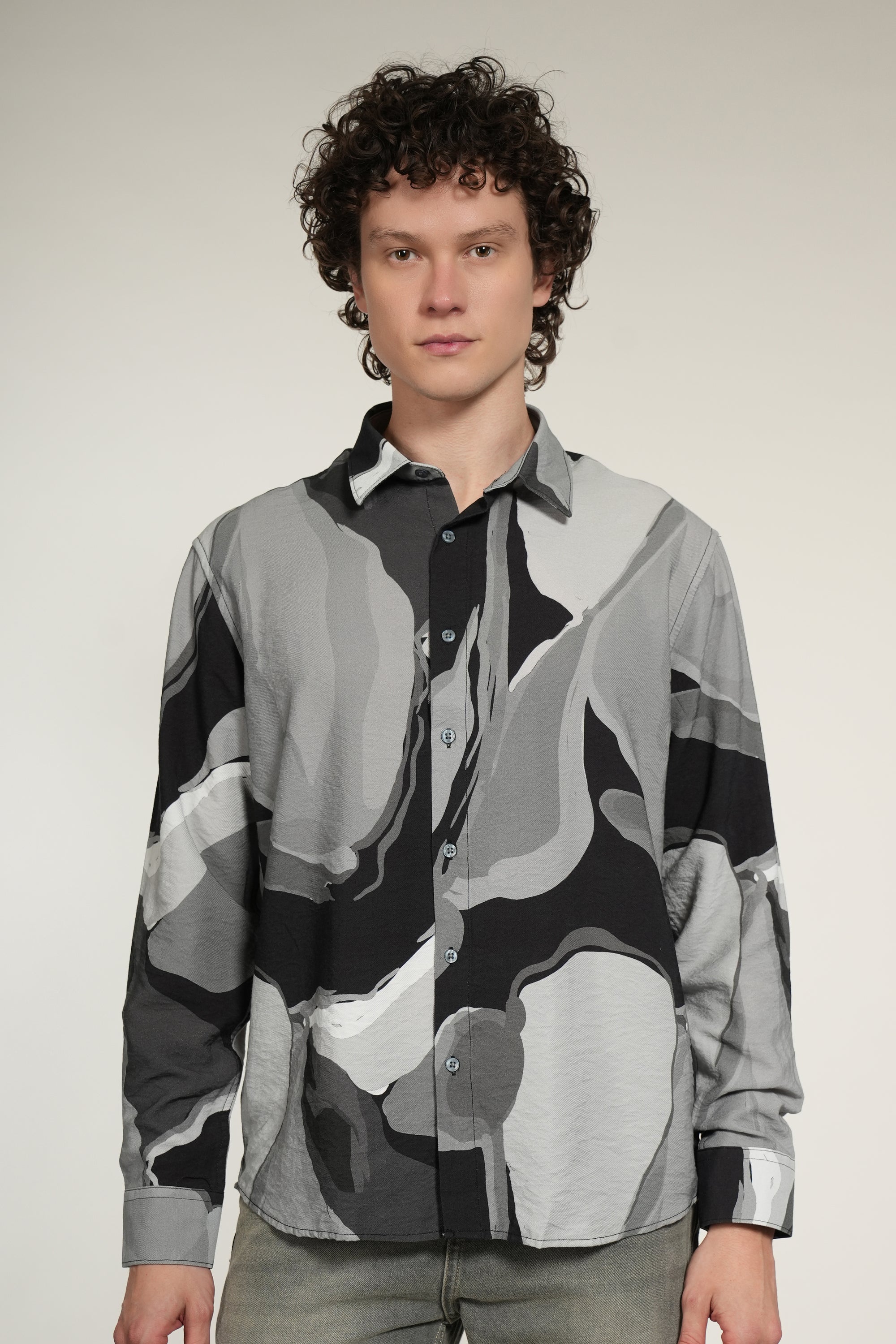 Gray Printed Relaxed Fit Full Sleeve Shirt