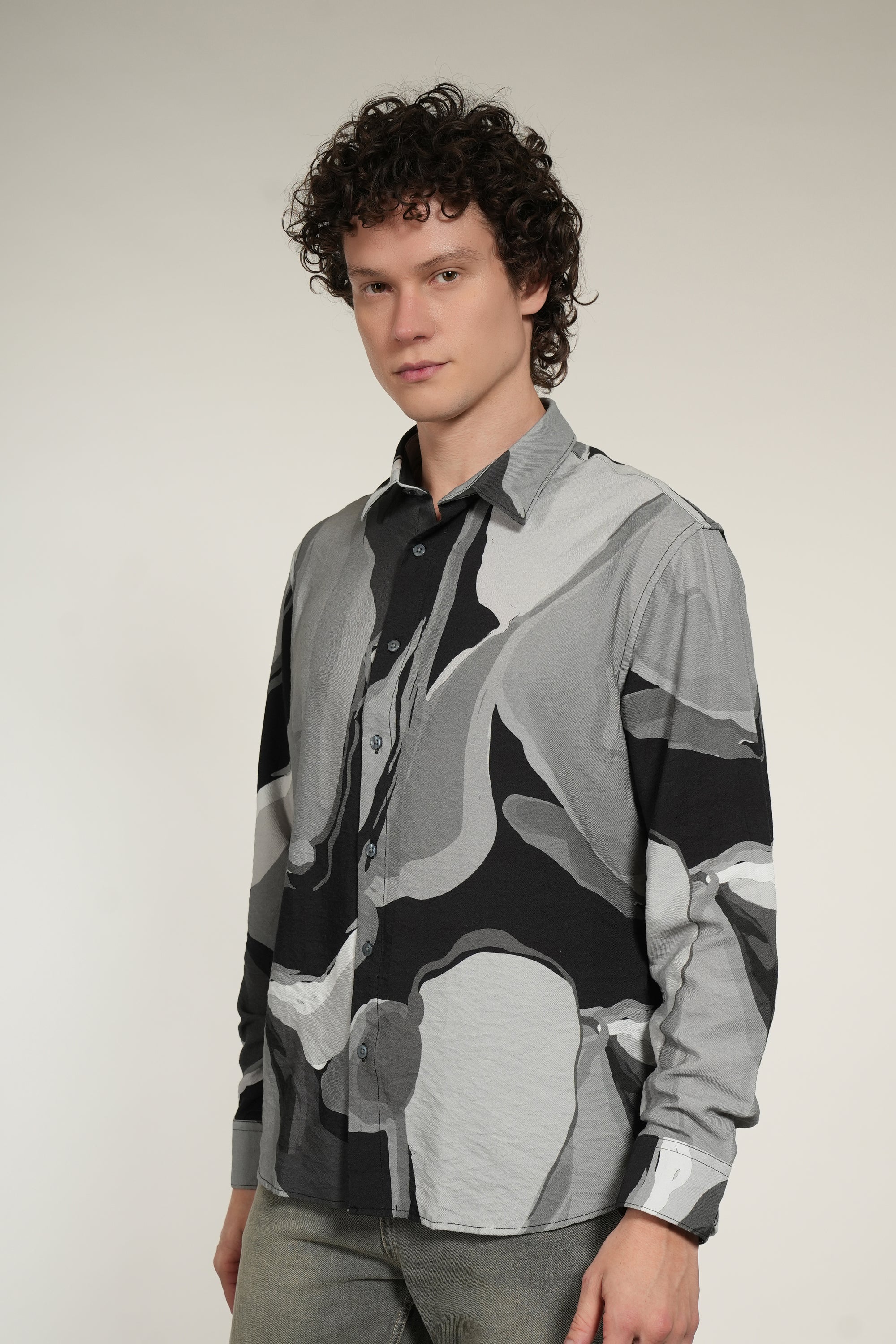 Gray Printed Relaxed Fit Full Sleeve Shirt