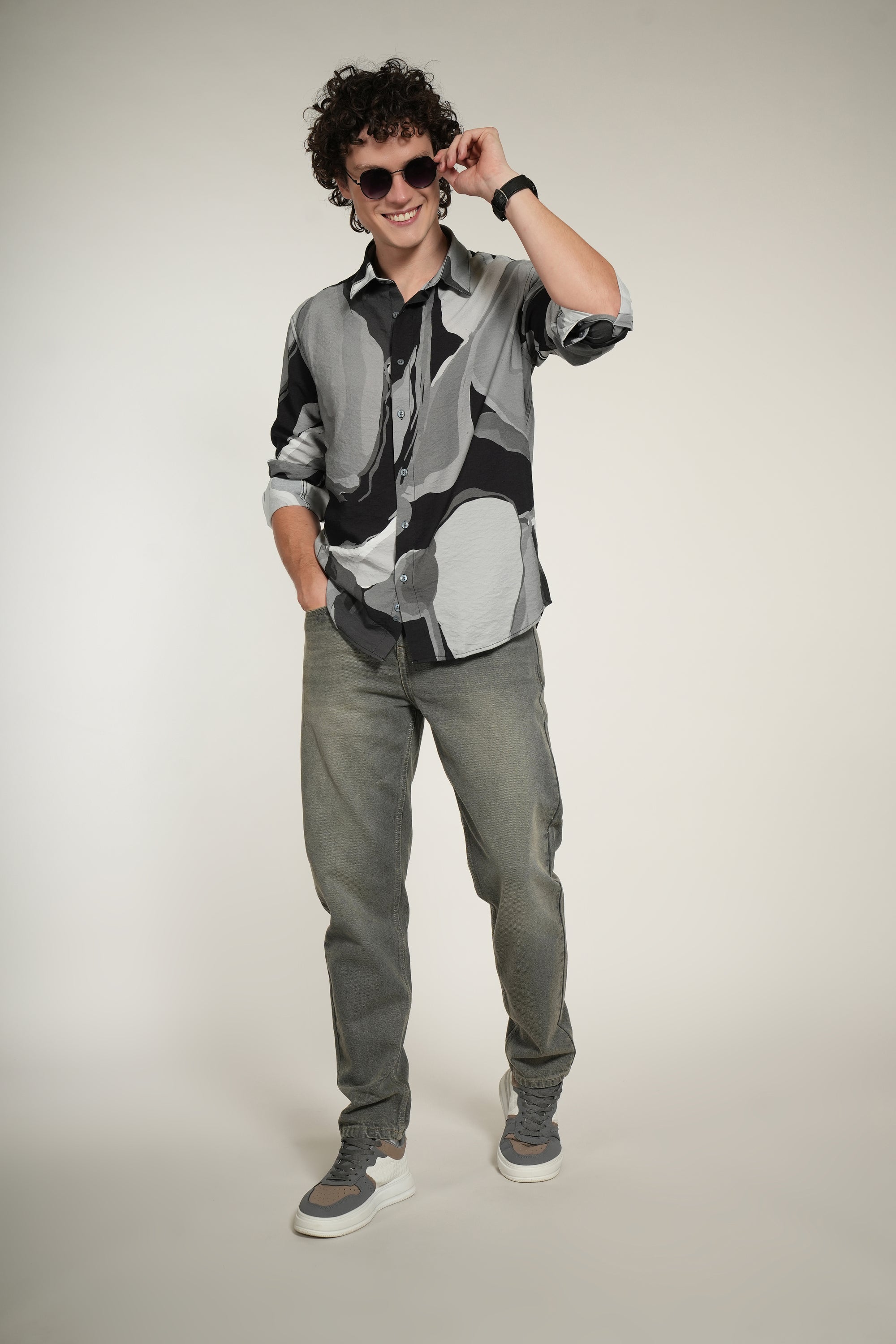 Gray Printed Relaxed Fit Full Sleeve Shirt