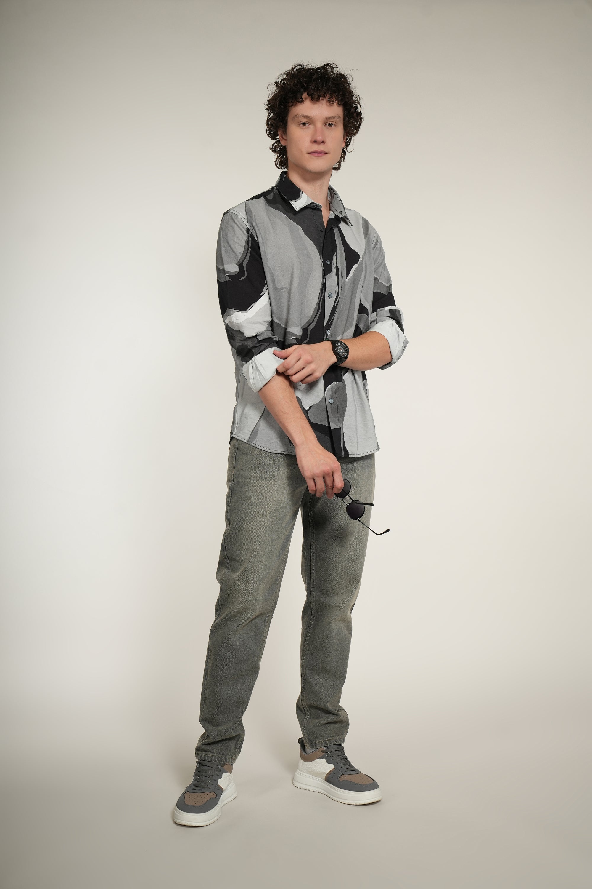 Gray Printed Relaxed Fit Full Sleeve Shirt