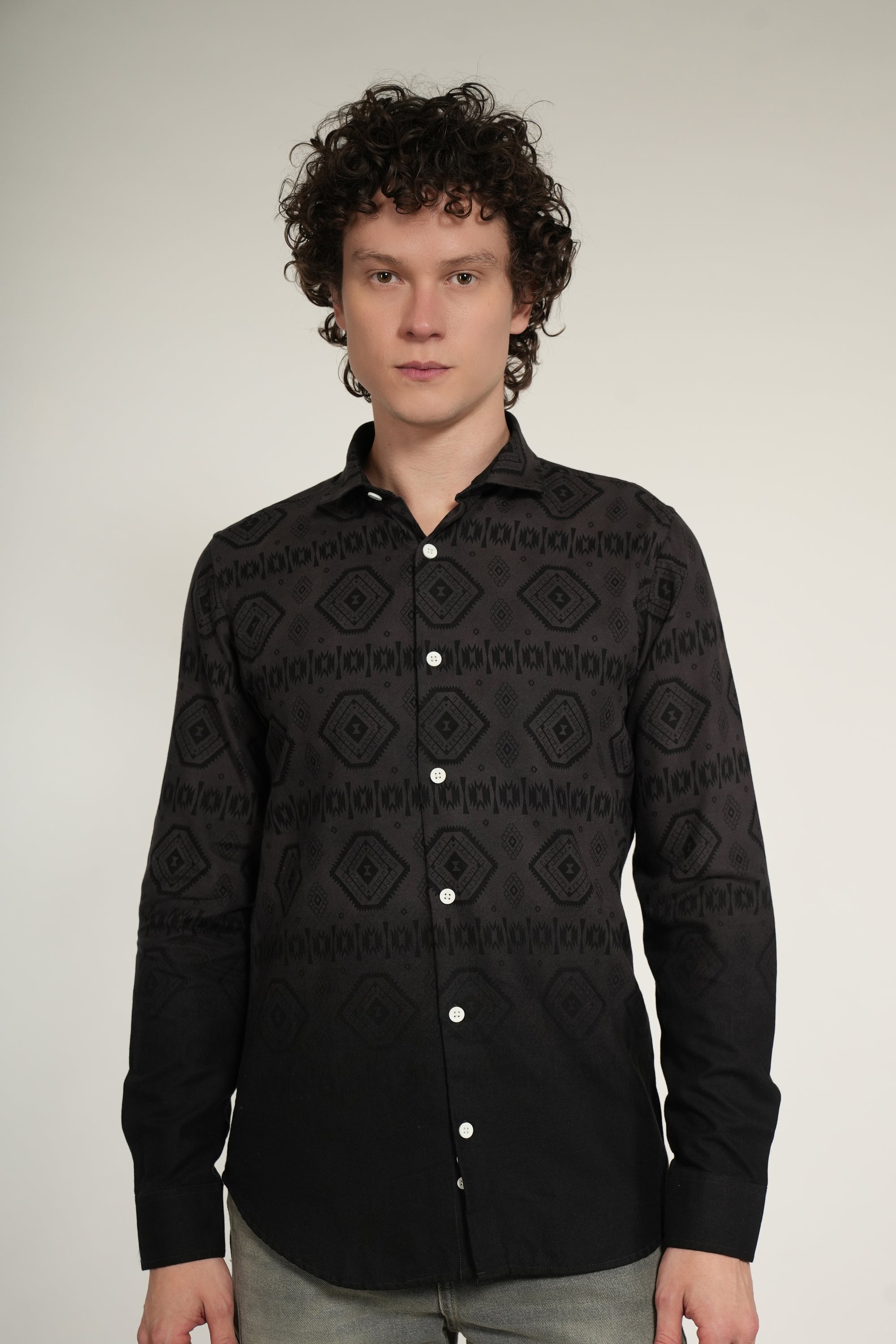 Jet Grey Printed Tapered Fit Full Sleeve Shirt