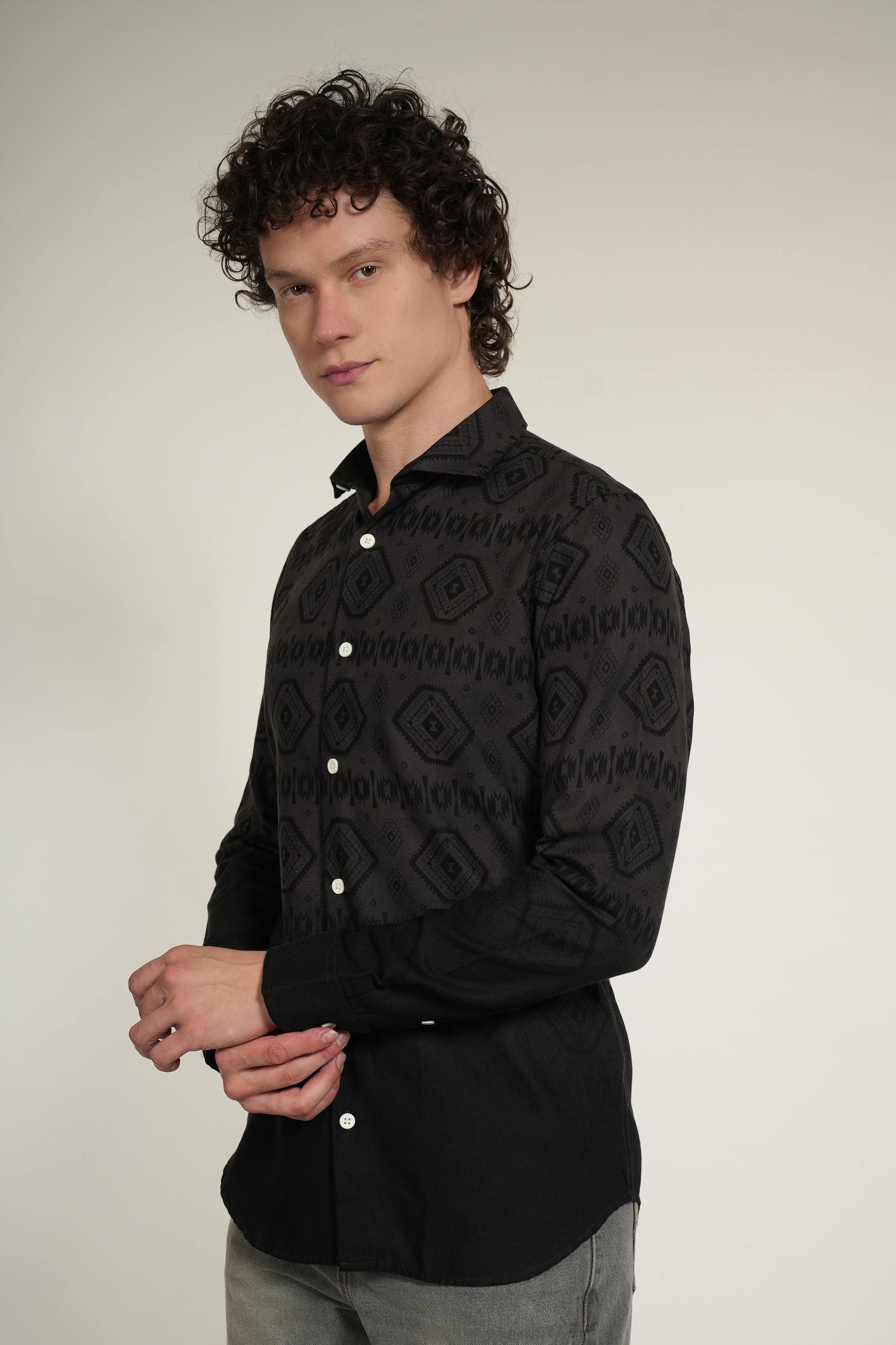 Jet Grey Printed Tapered Fit Full Sleeve Shirt