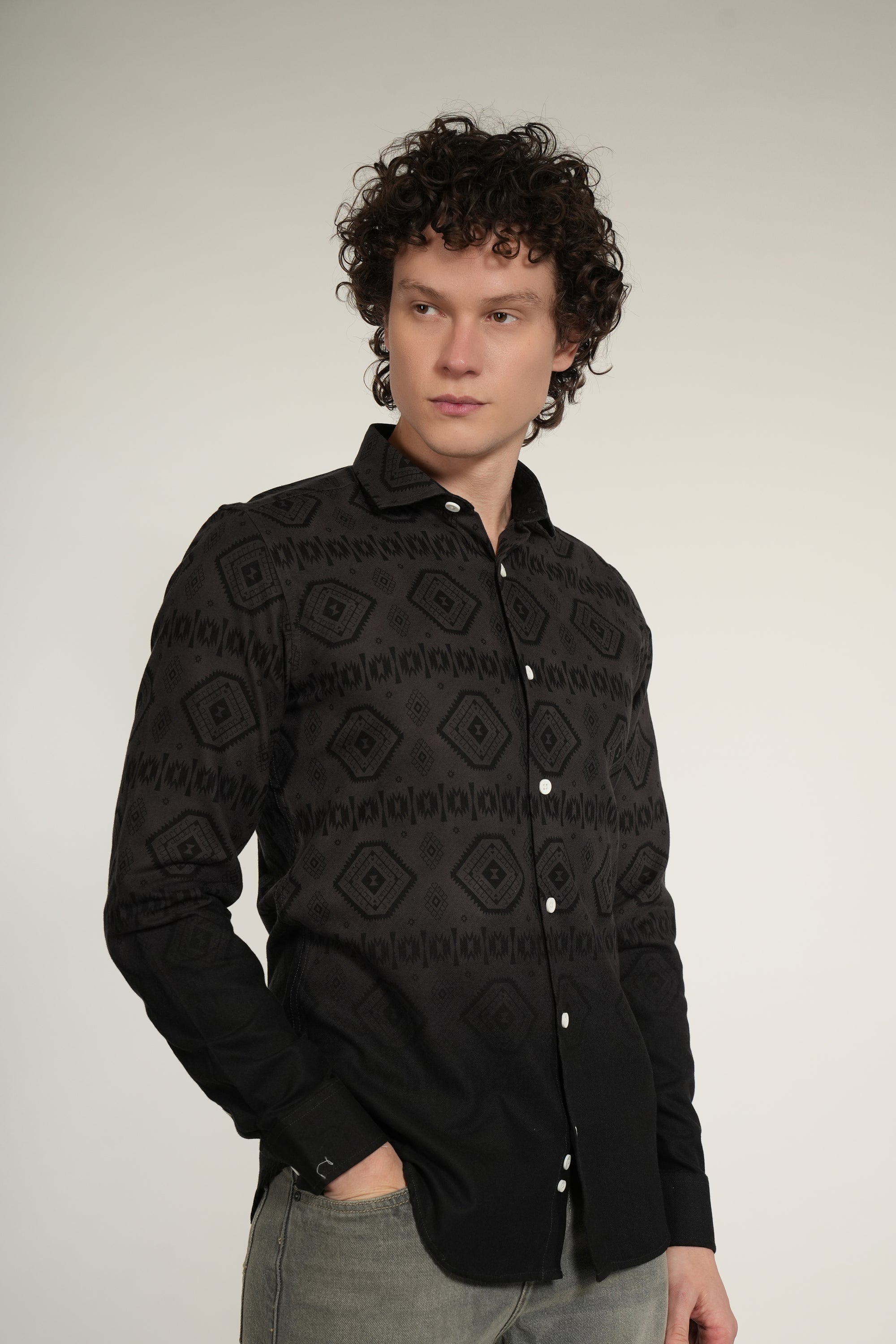 Jet Grey Printed Tapered Fit Full Sleeve Shirt