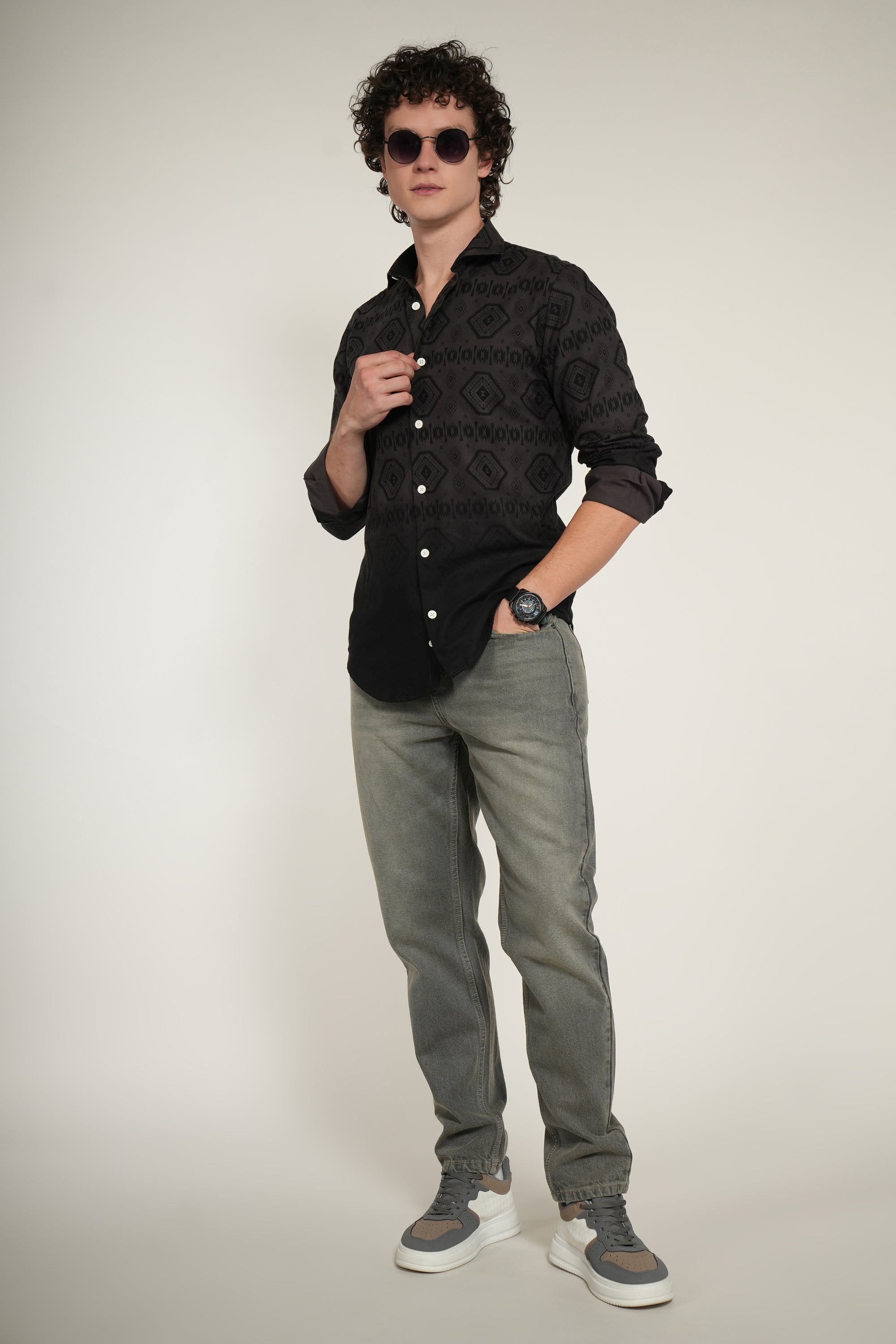 Jet Grey Printed Tapered Fit Full Sleeve Shirt