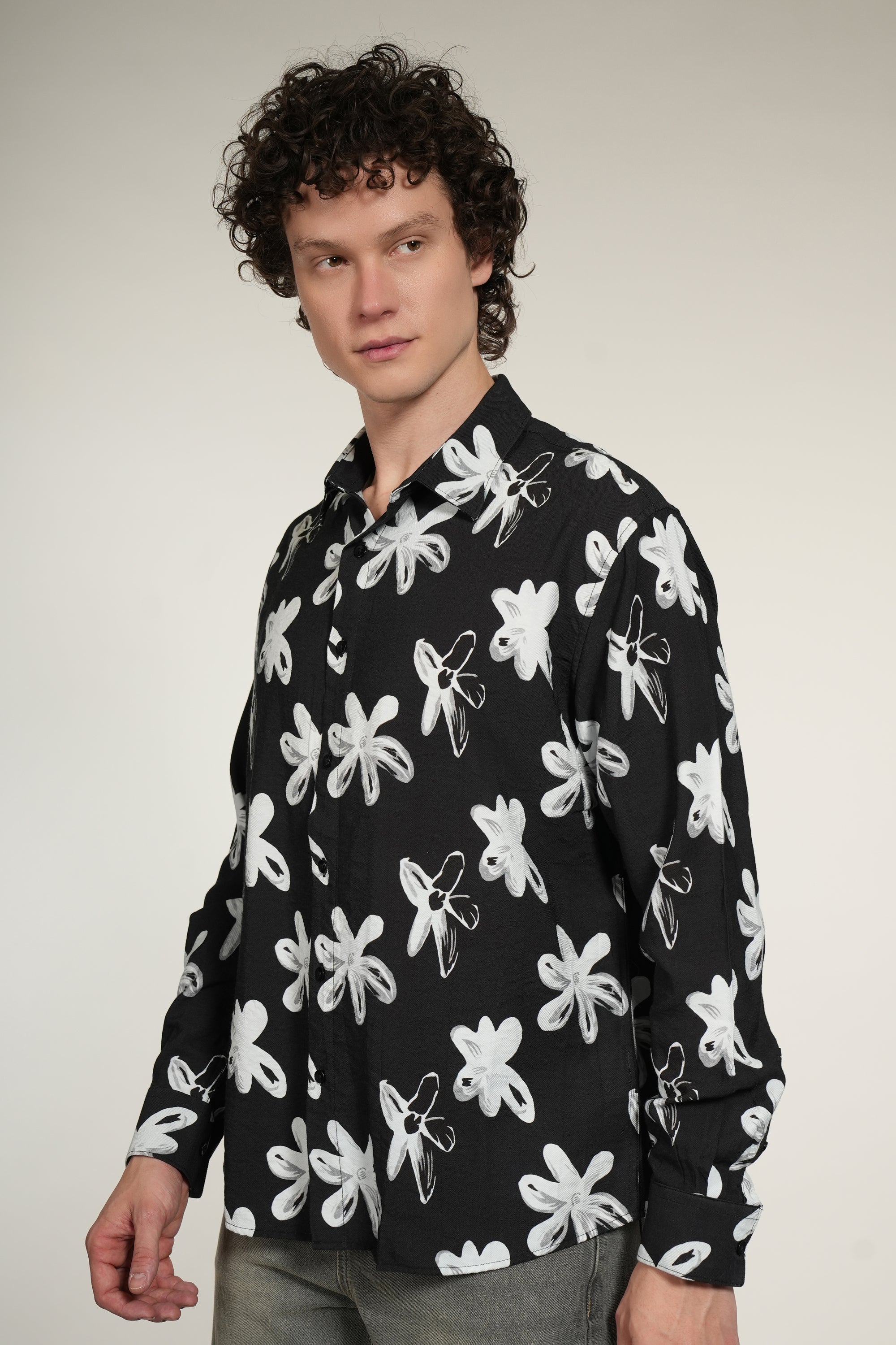 Black Printed Relaxed Fit Full Sleeve Shirt