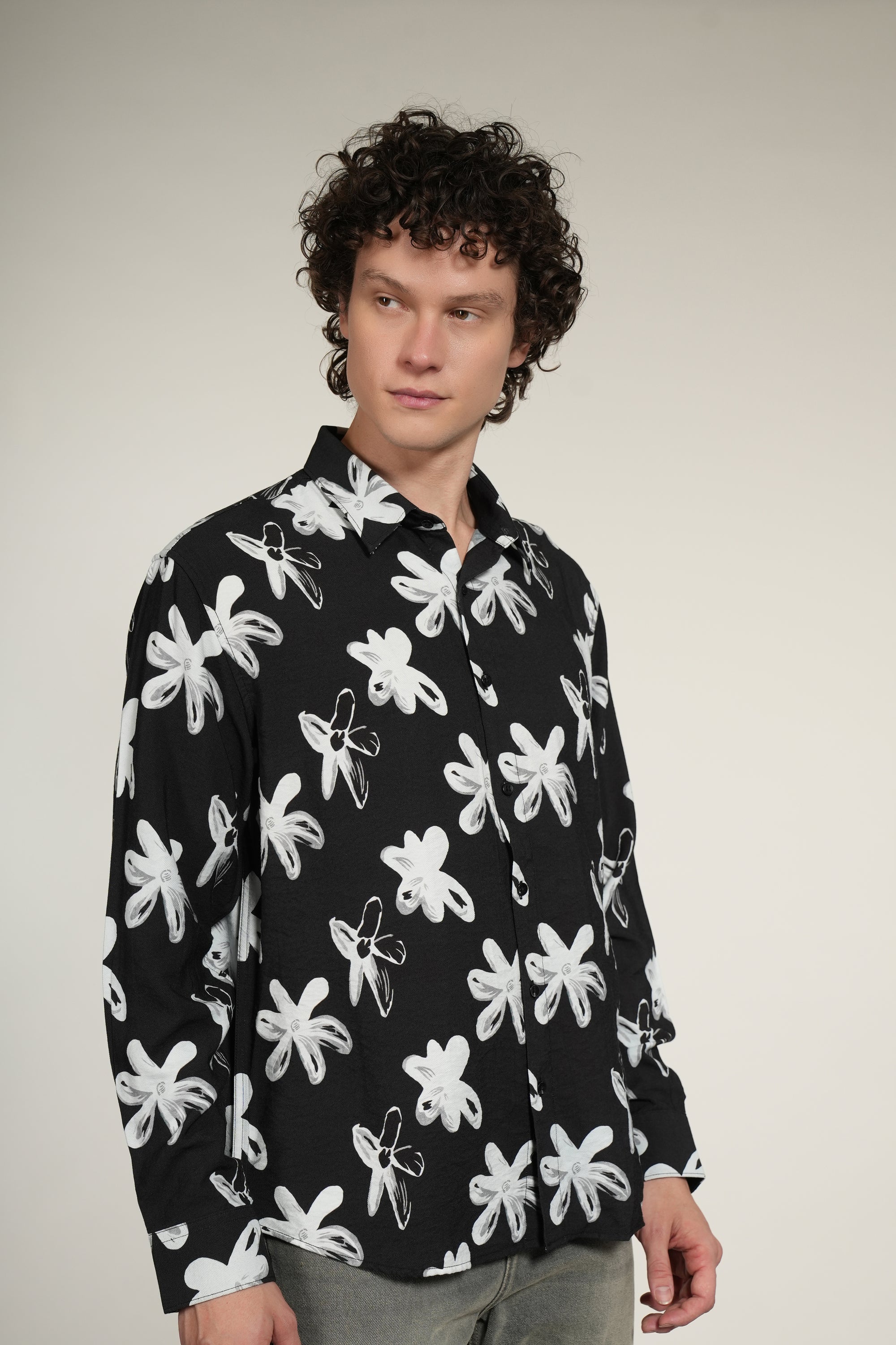 Black Printed Relaxed Fit Full Sleeve Shirt
