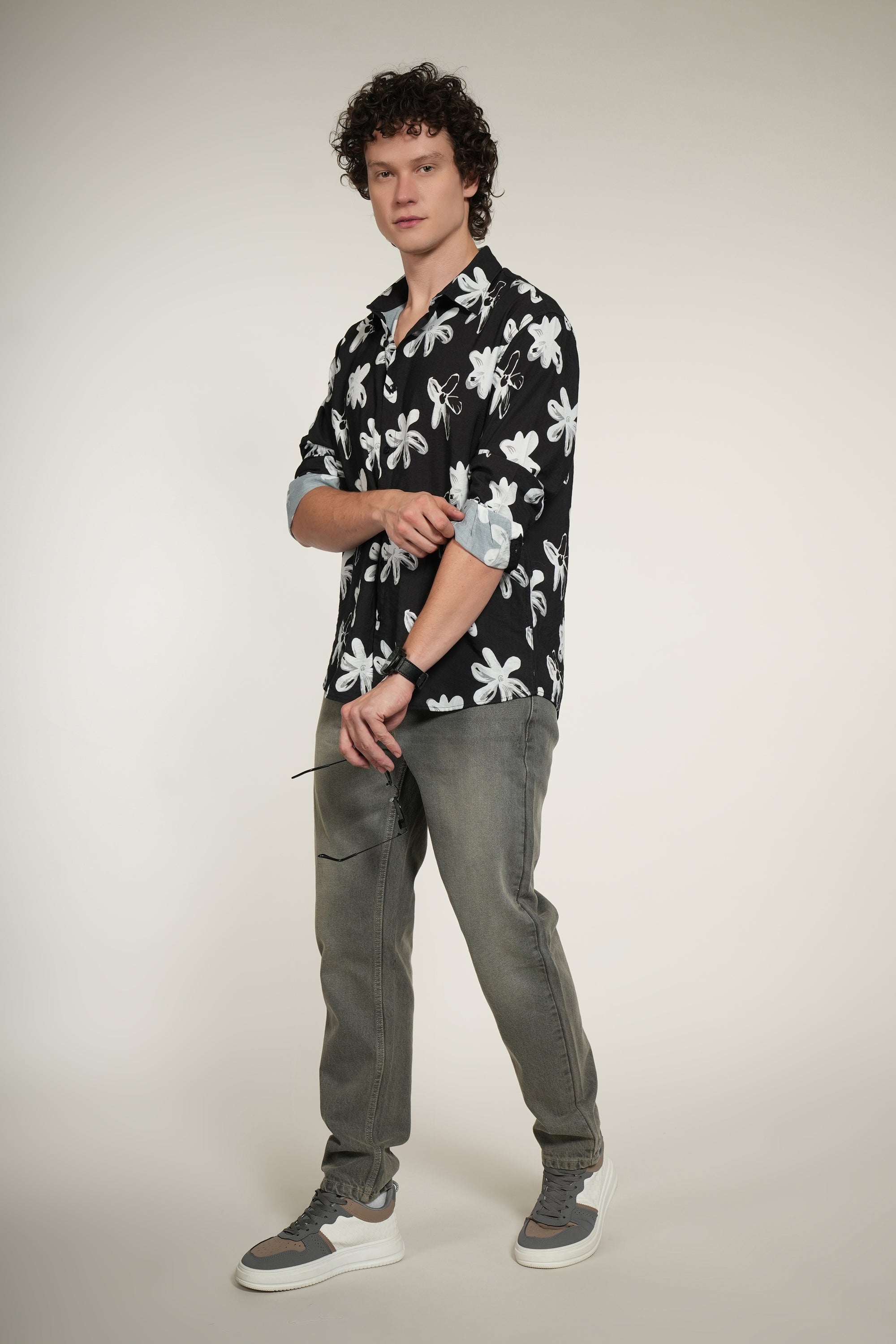 Black Printed Relaxed Fit Full Sleeve Shirt