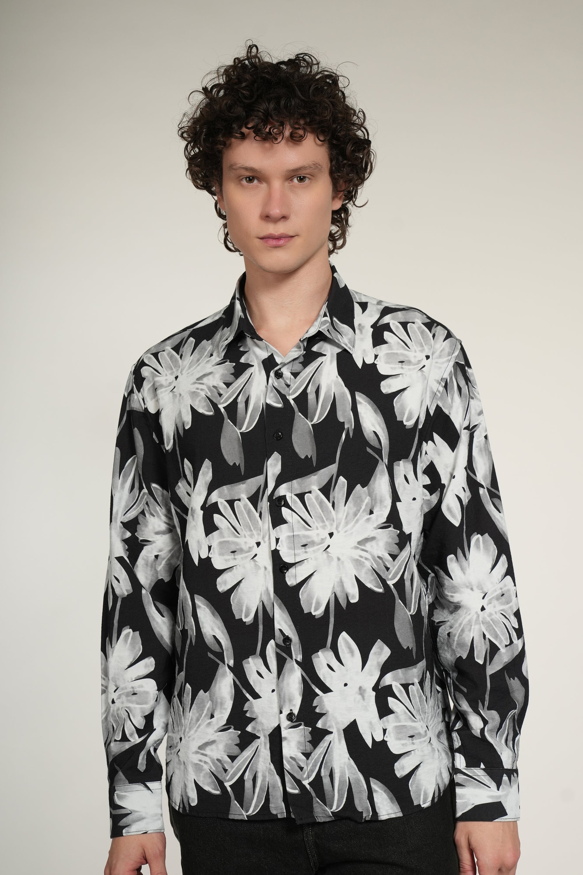 Black Floral Printed Relaxed Fit Full Sleeve Shirt