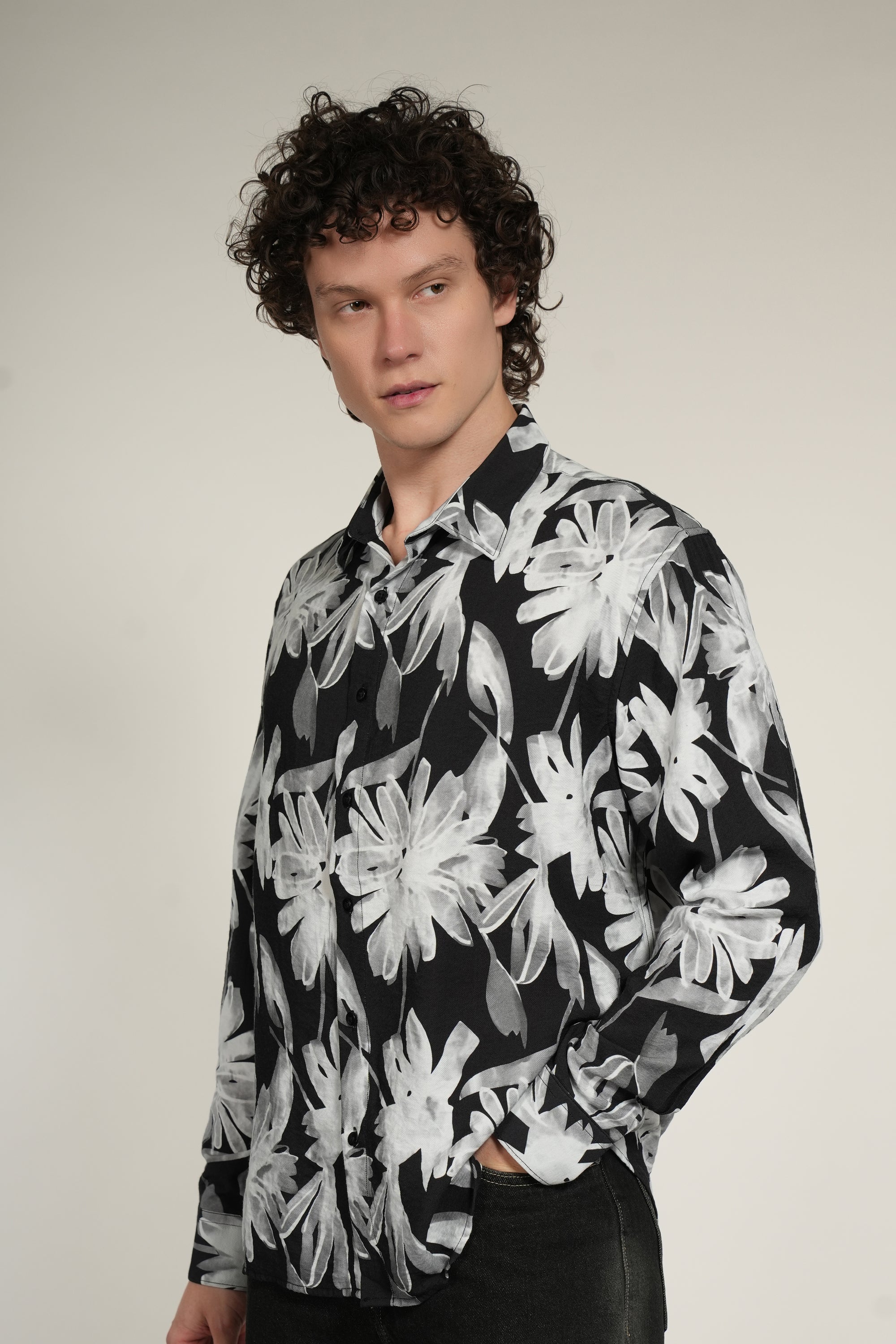 Black Floral Printed Relaxed Fit Full Sleeve Shirt