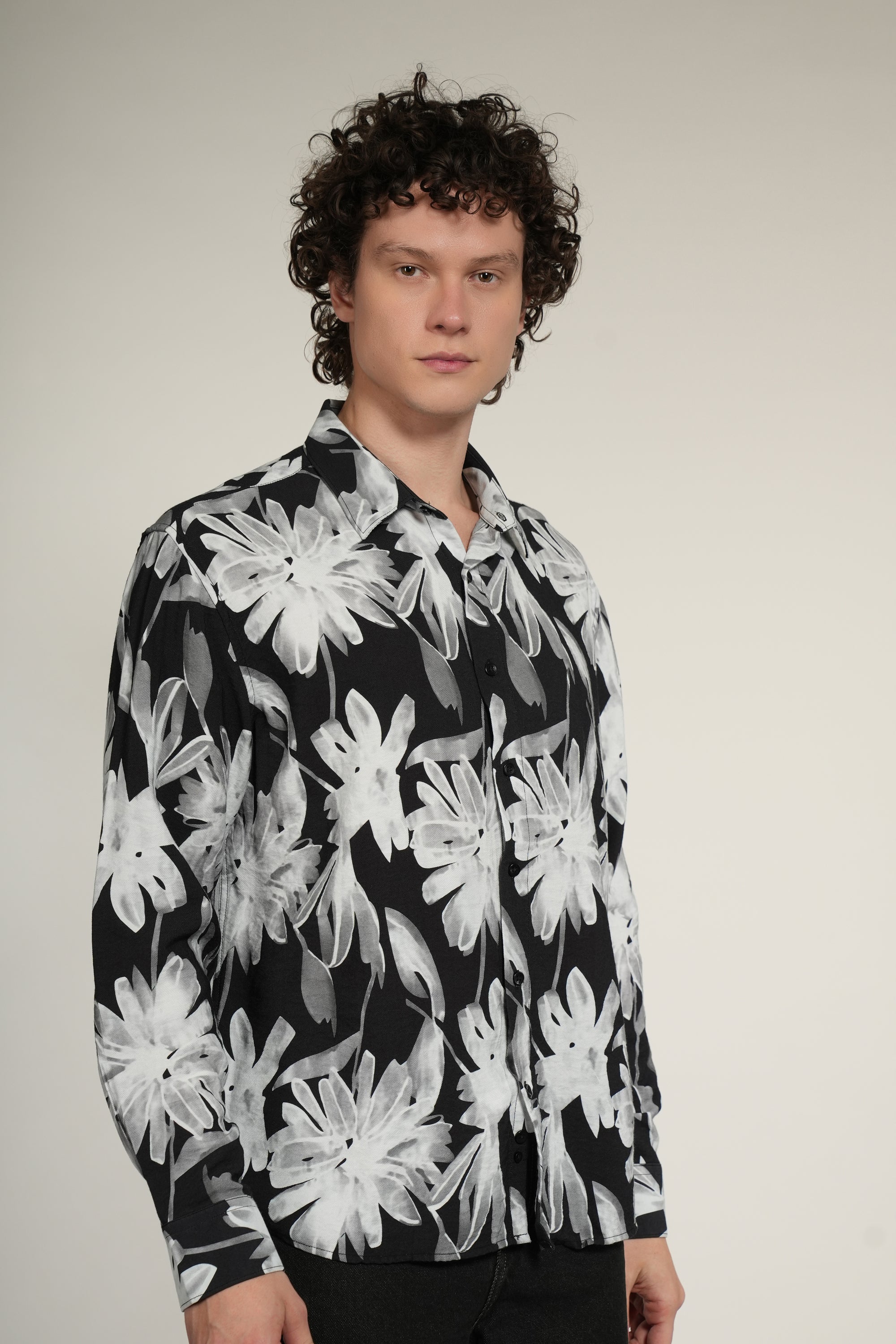 Black Floral Printed Relaxed Fit Full Sleeve Shirt