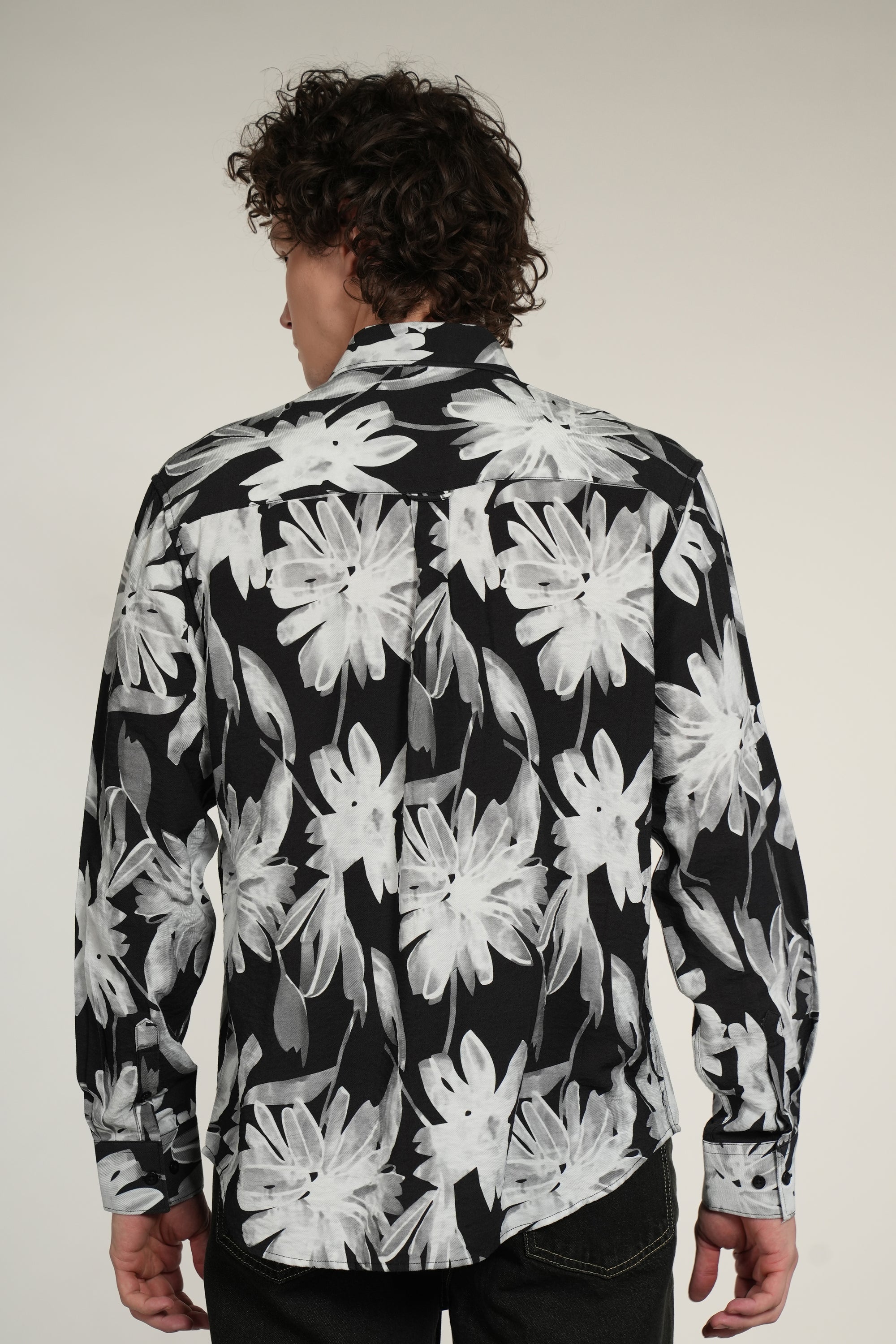 Black Floral Printed Relaxed Fit Full Sleeve Shirt
