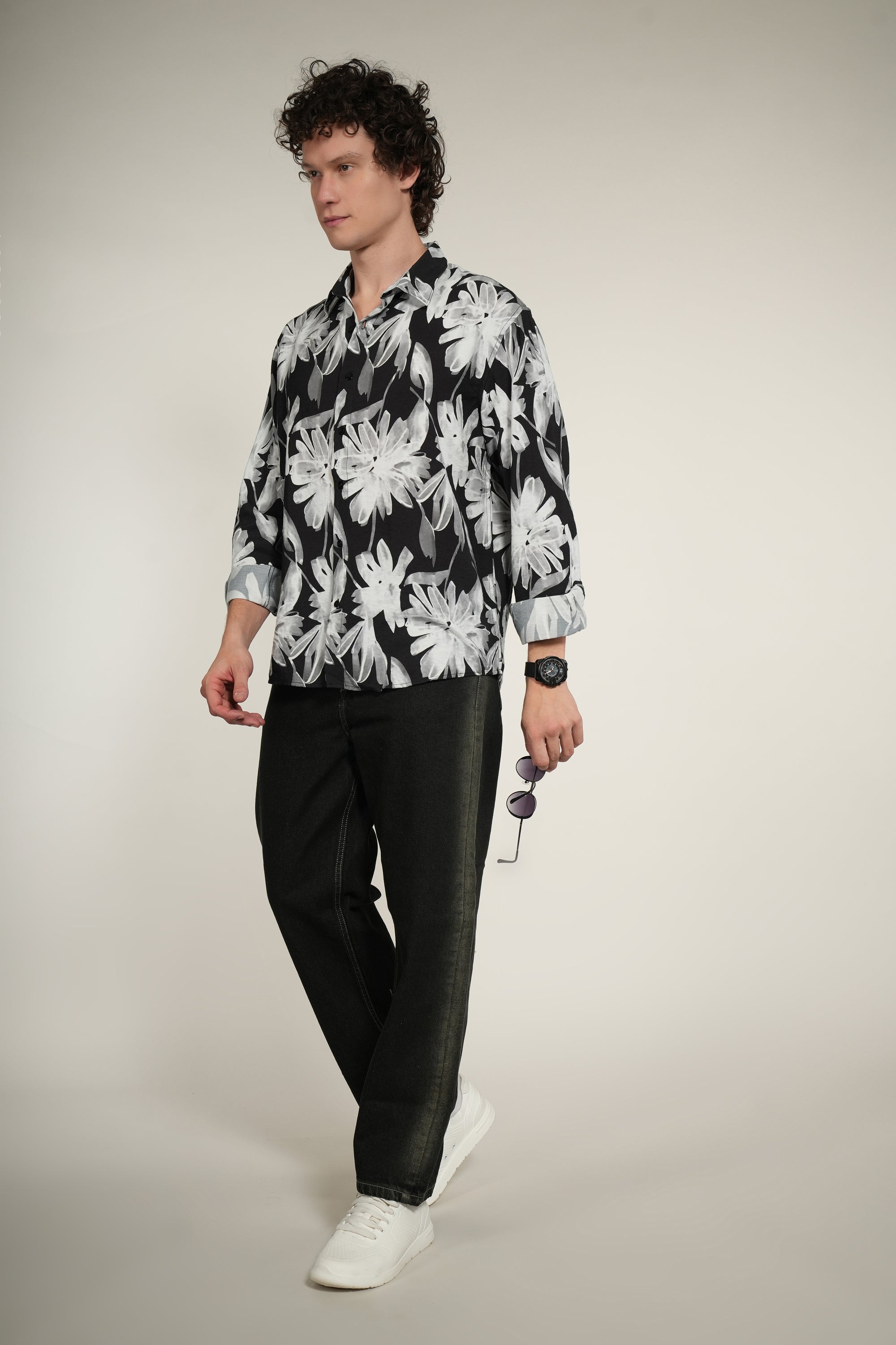 Black Floral Printed Relaxed Fit Full Sleeve Shirt