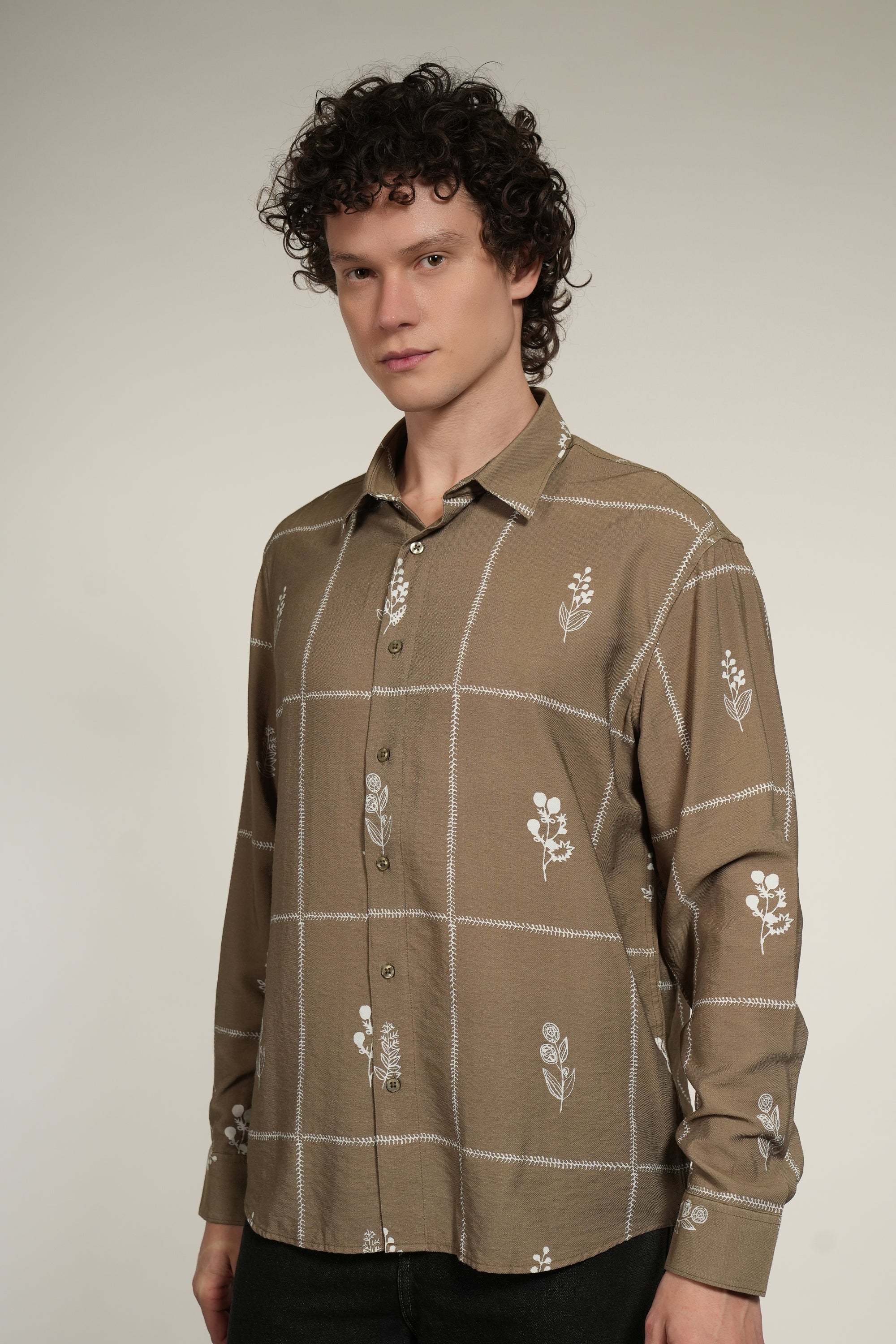 Olive Green Printed Relaxed Fit Full Sleeve Shirt