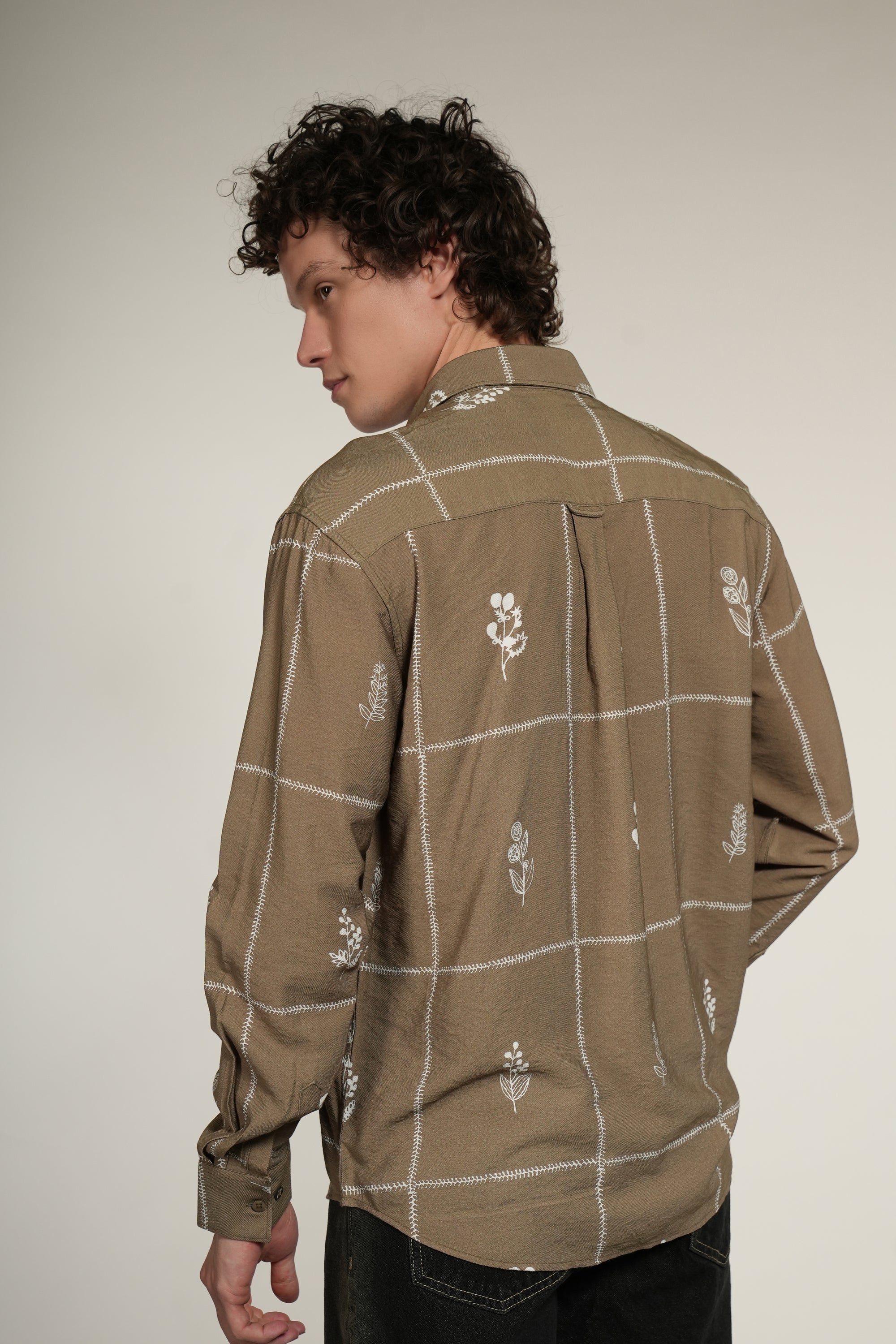 Olive Green Printed Relaxed Fit Full Sleeve Shirt