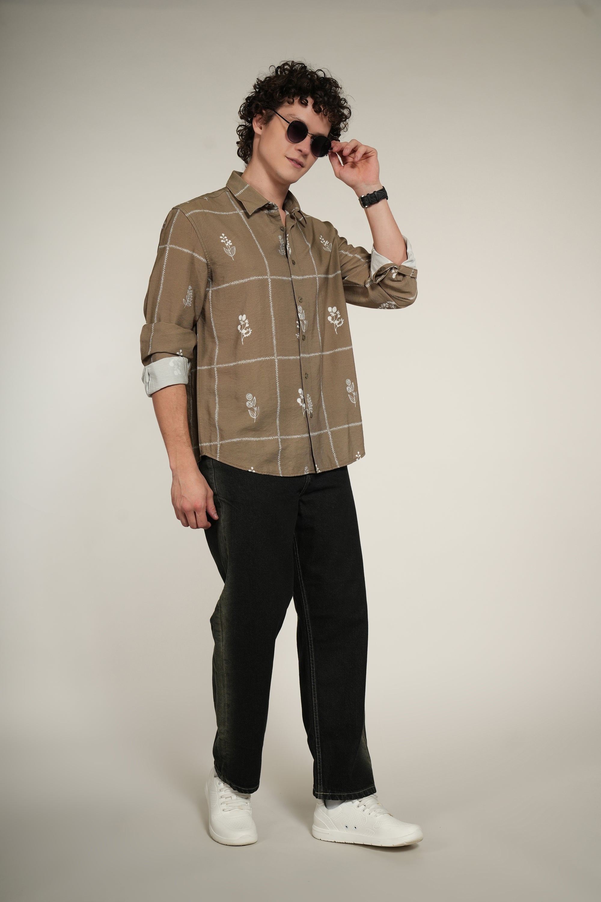 Olive Green Printed Relaxed Fit Full Sleeve Shirt