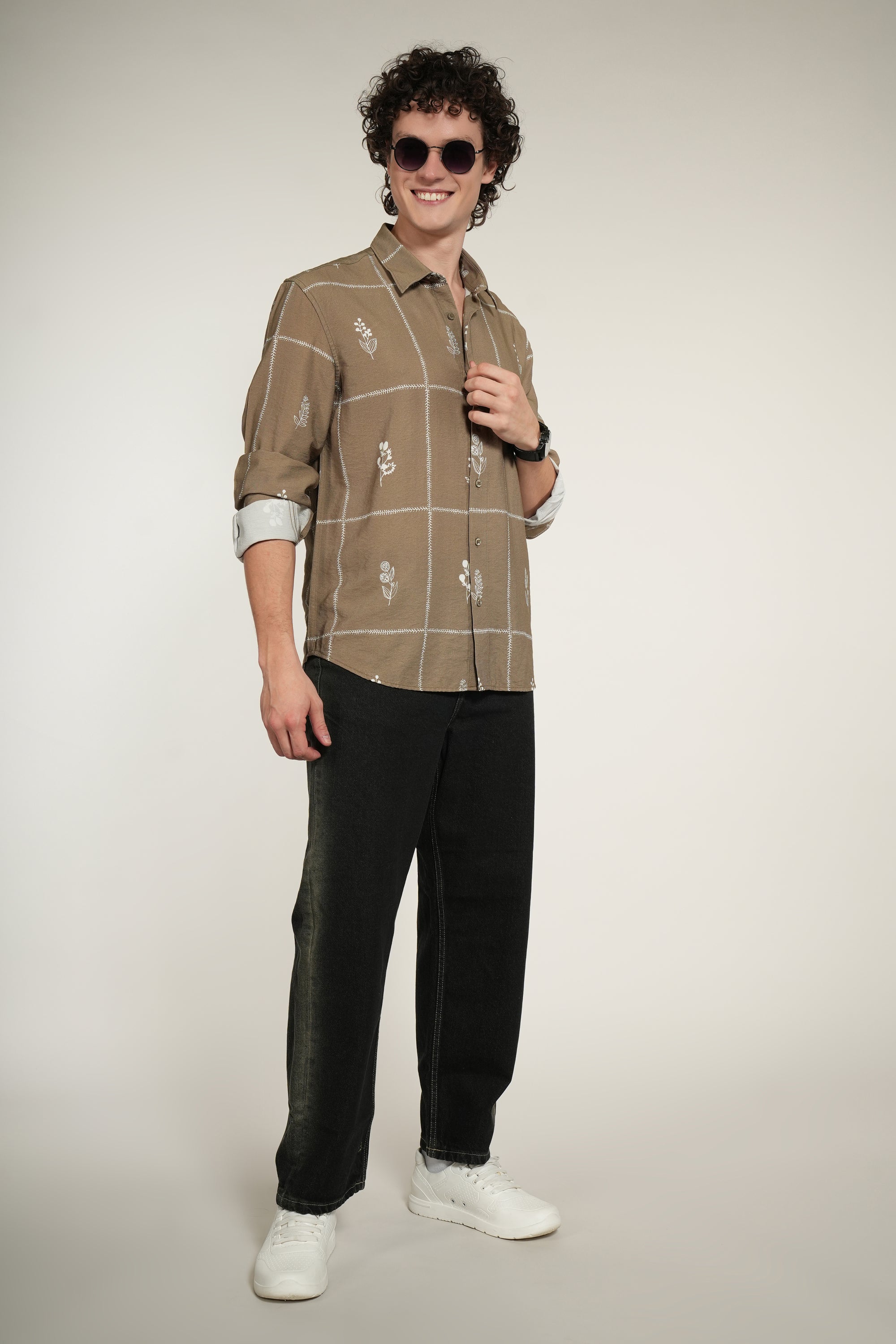 Olive Green Printed Relaxed Fit Full Sleeve Shirt