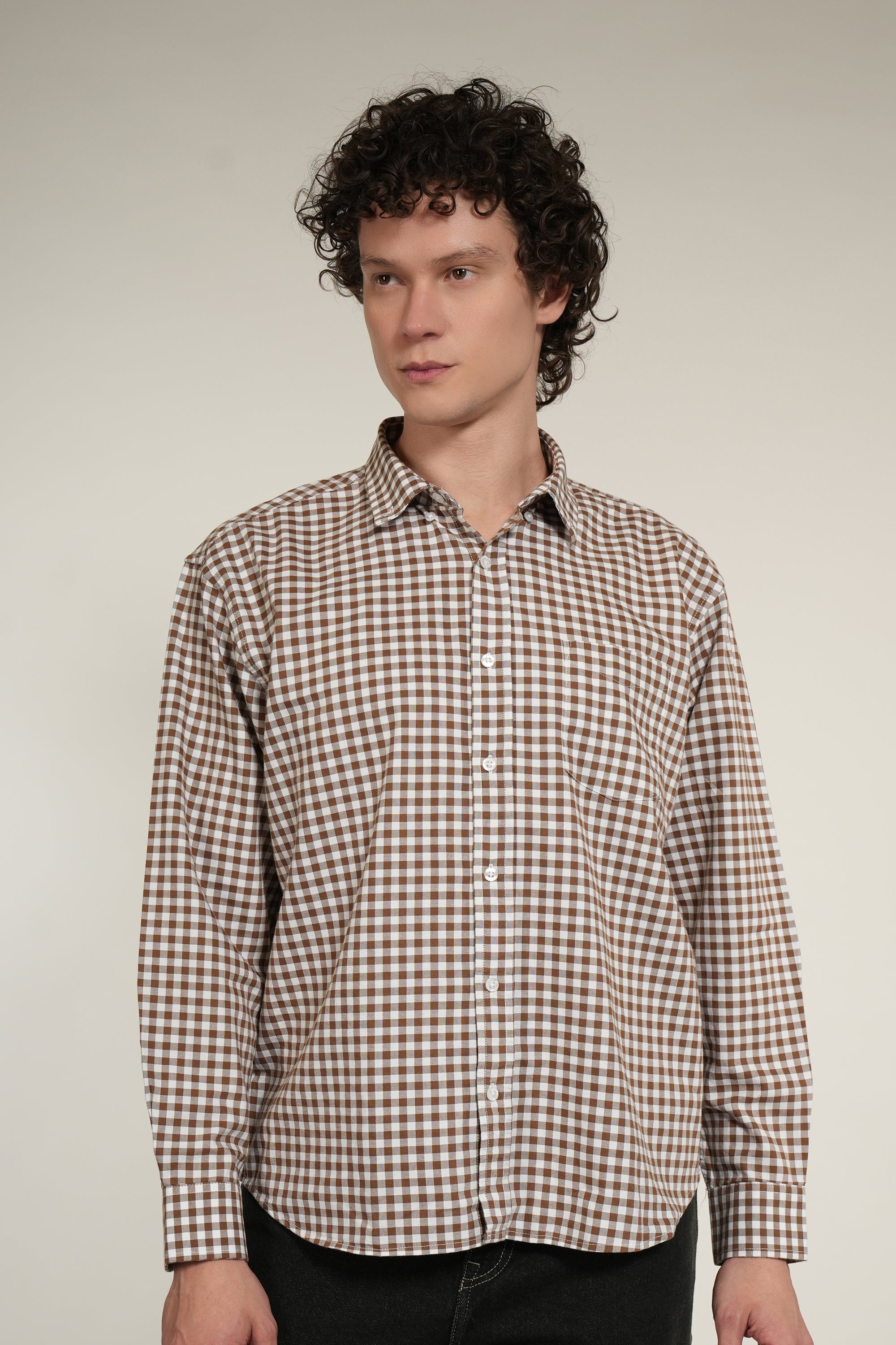 Brown Small Check Relaxed Fit Full Sleeve Shirt