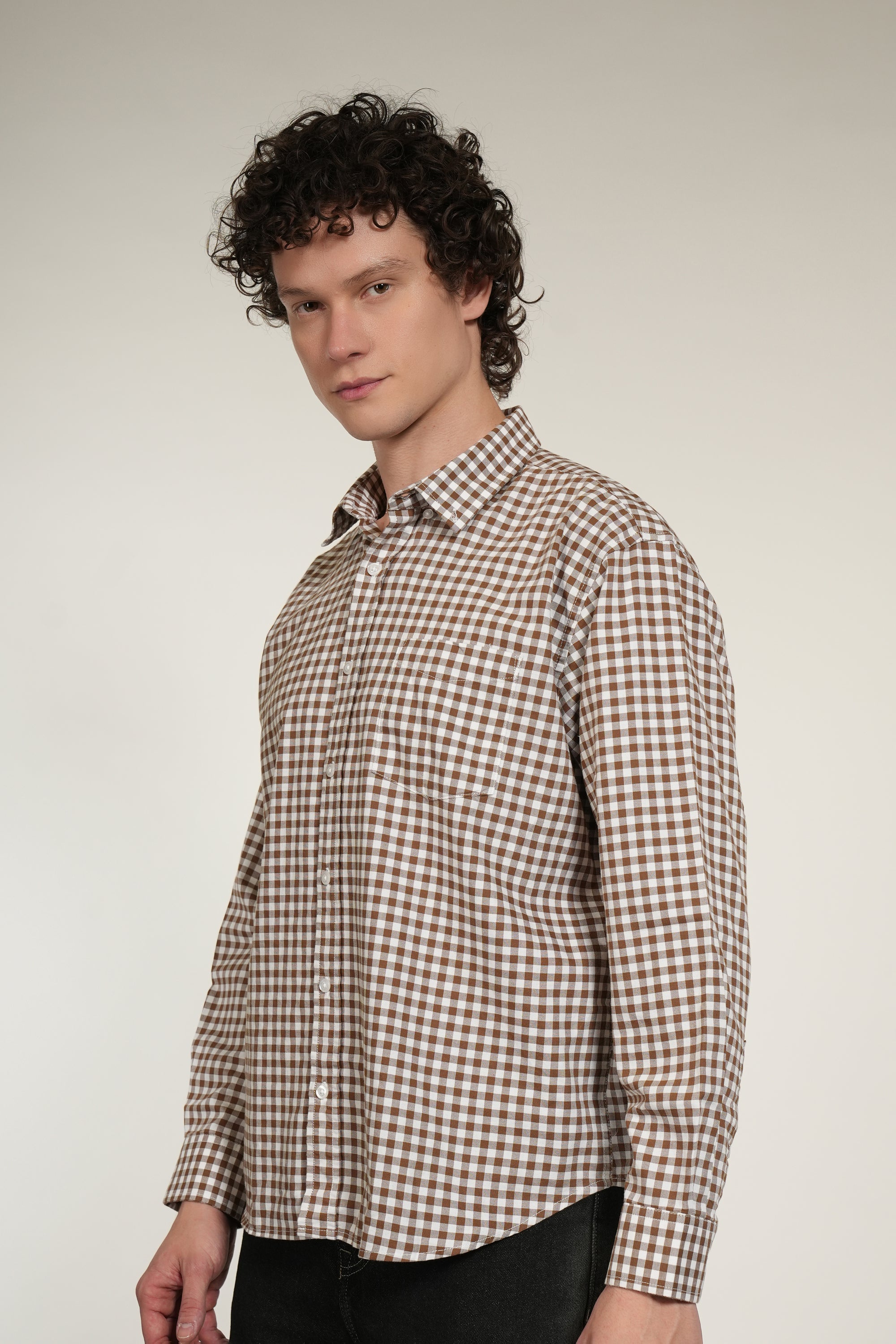 Brown Small Check Relaxed Fit Full Sleeve Shirt