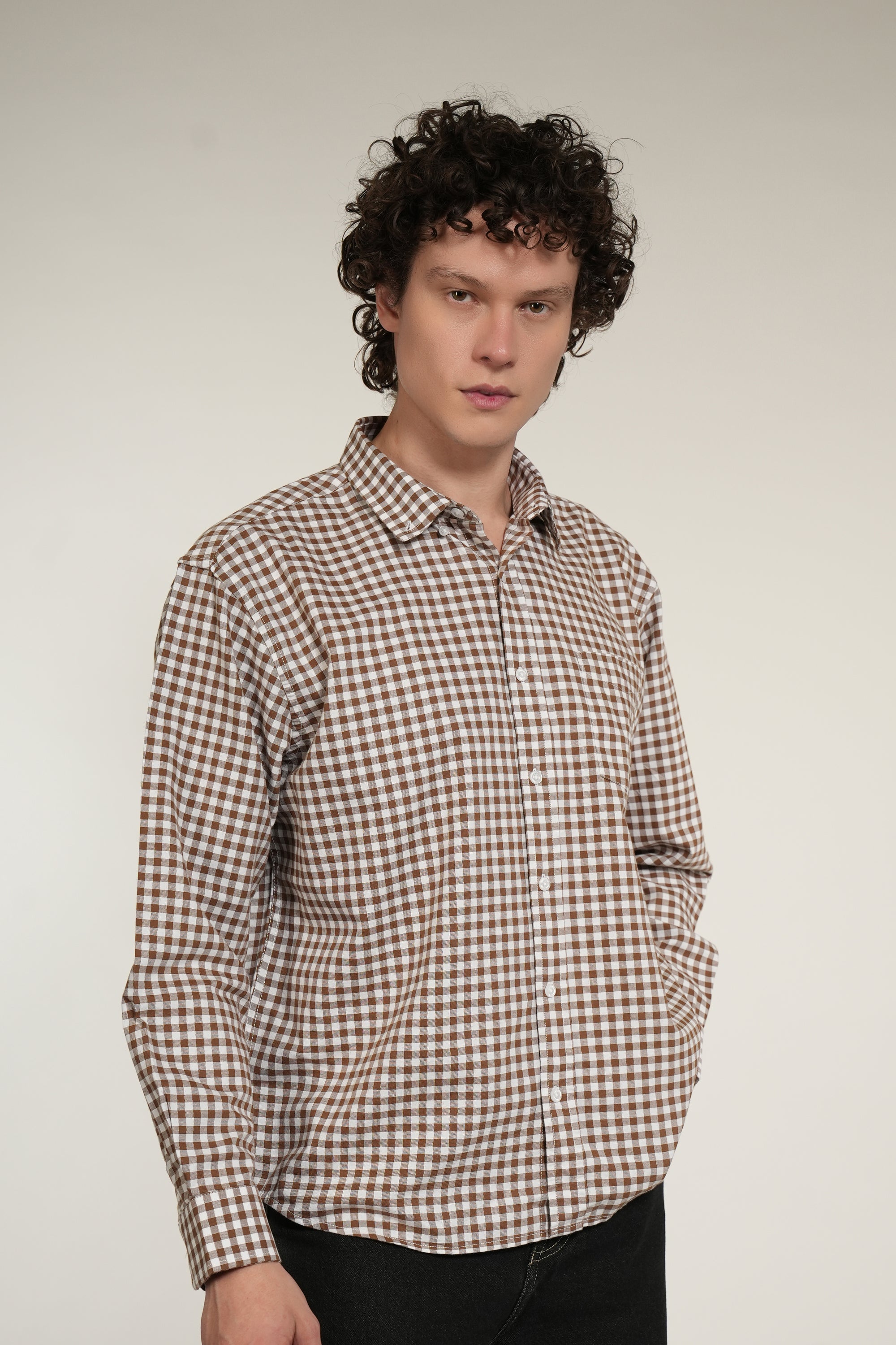 Brown Small Check Relaxed Fit Full Sleeve Shirt