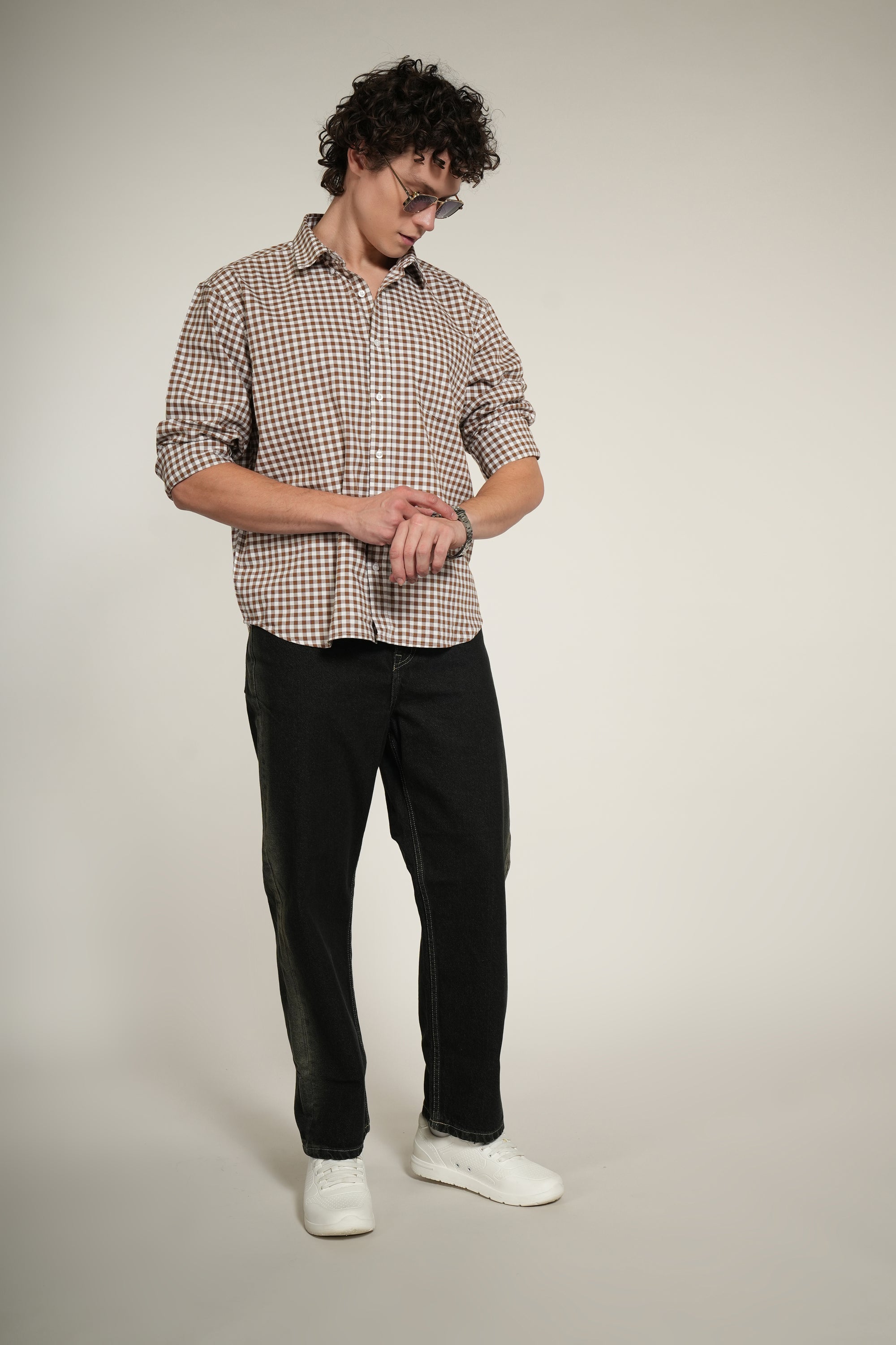 Brown Small Check Relaxed Fit Full Sleeve Shirt