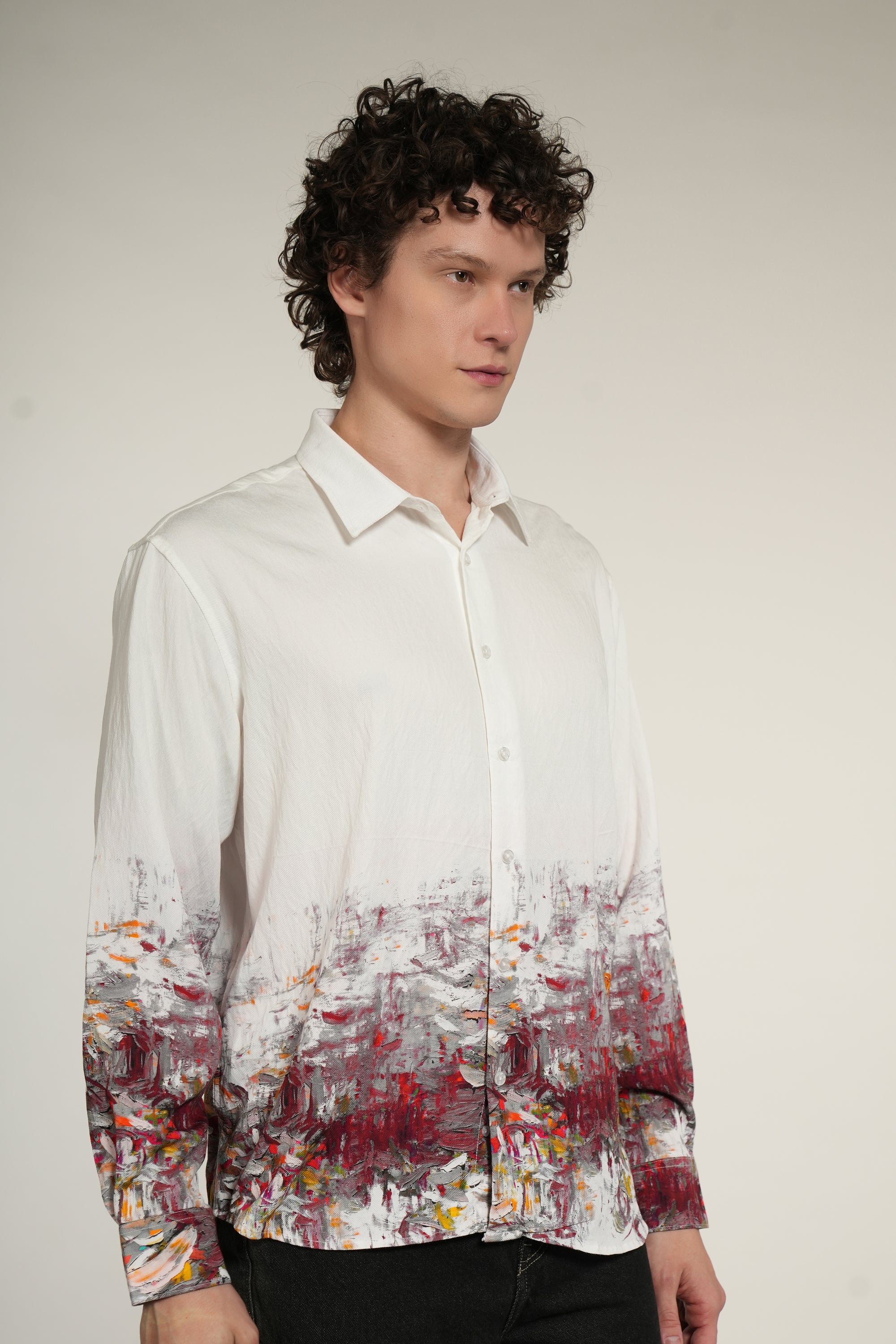 White Printed Relaxed Fit Full Sleeve Shirt