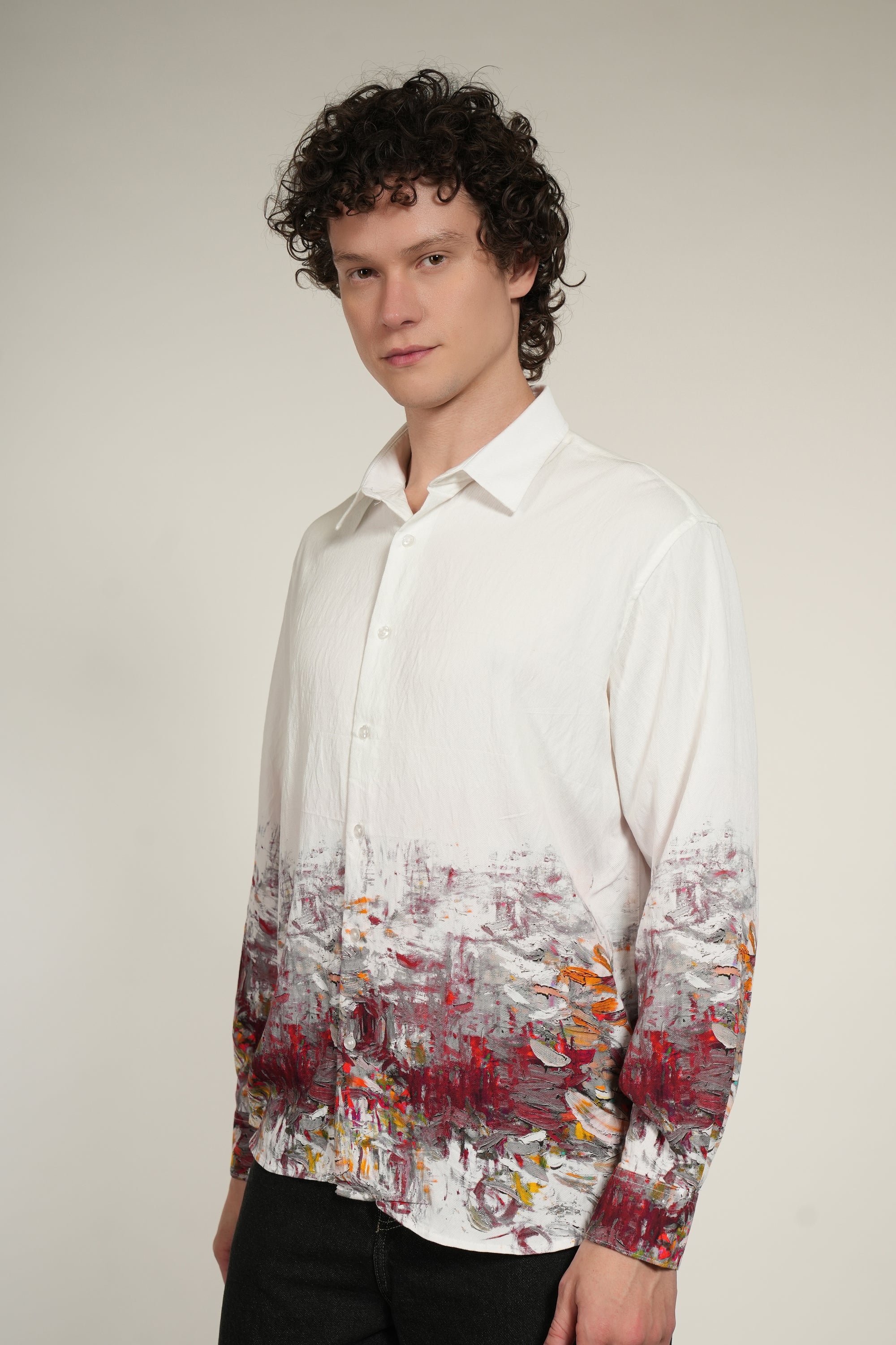 White Printed Relaxed Fit Full Sleeve Shirt