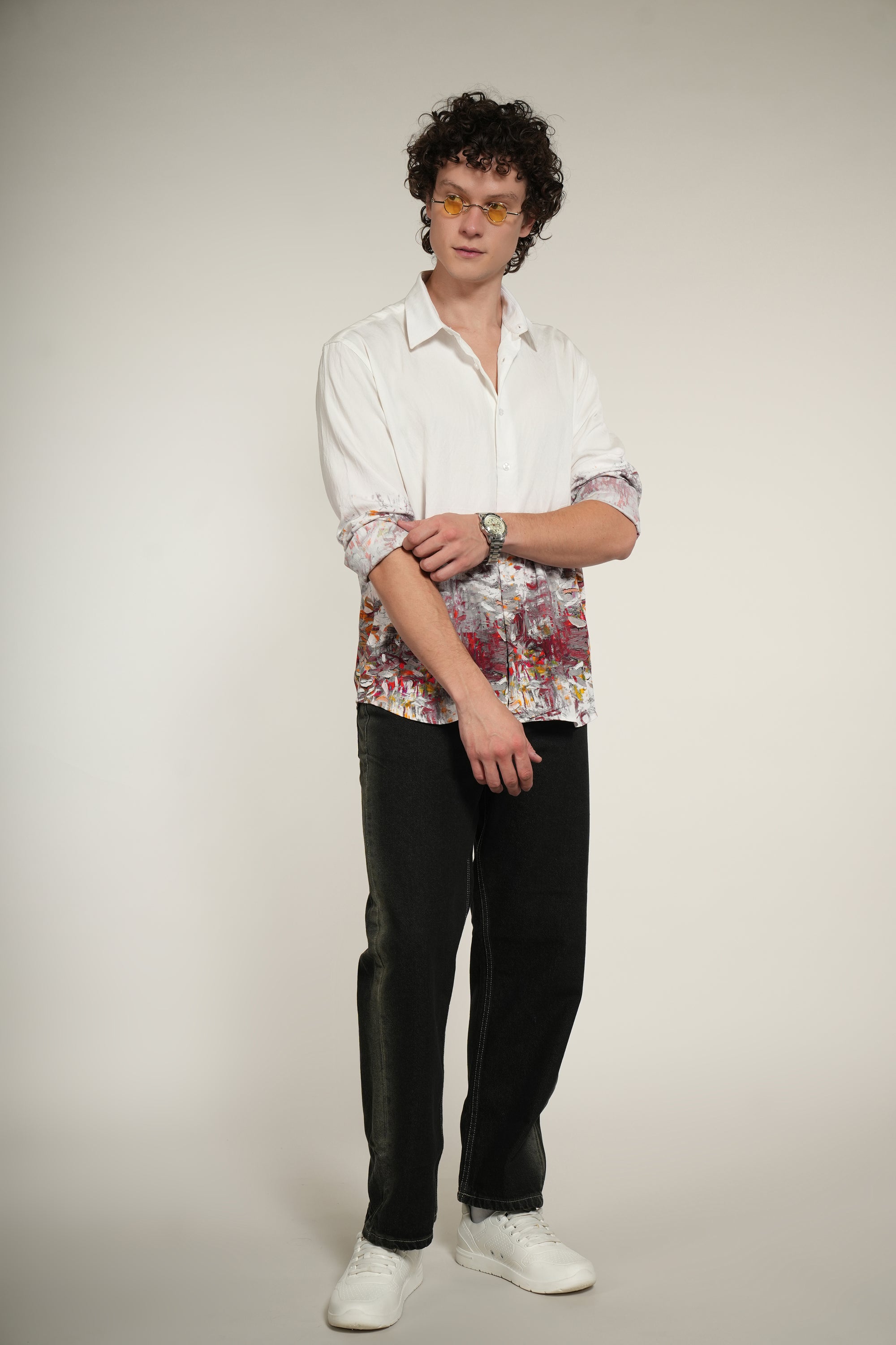 White Printed Relaxed Fit Full Sleeve Shirt