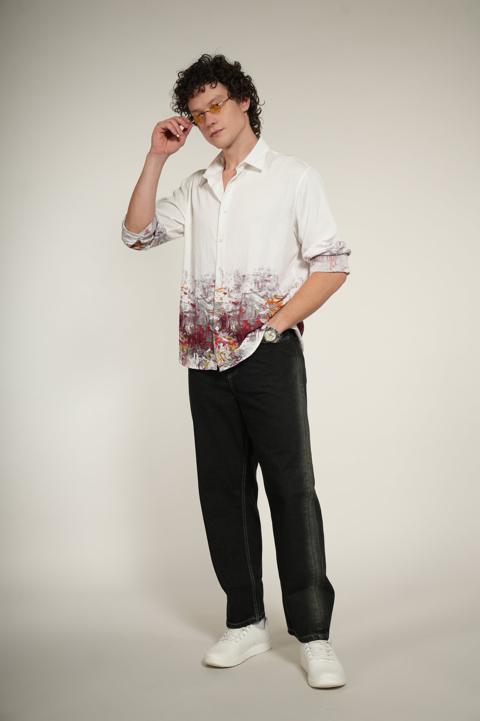 White Printed Relaxed Fit Full Sleeve Shirt