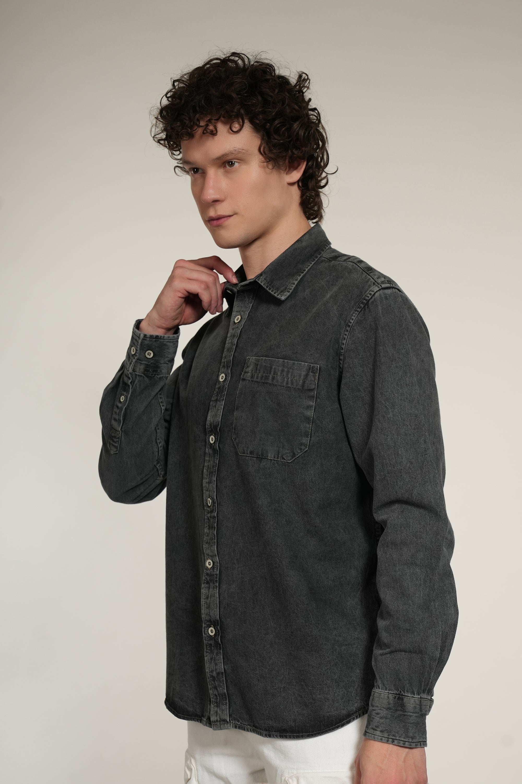 Gray Denim Relaxed Fit Full Sleeve Shirt