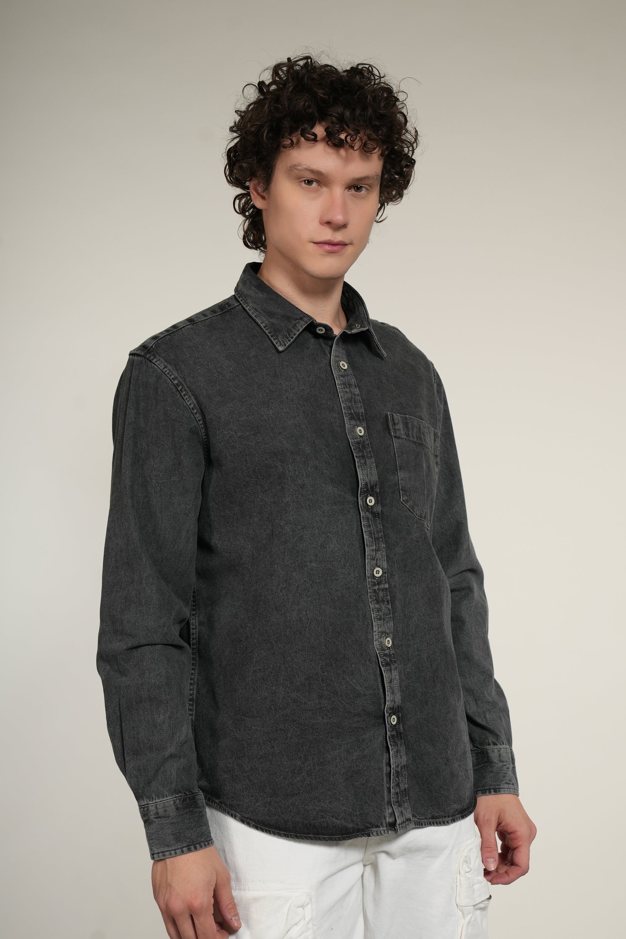 Gray Denim Relaxed Fit Full Sleeve Shirt