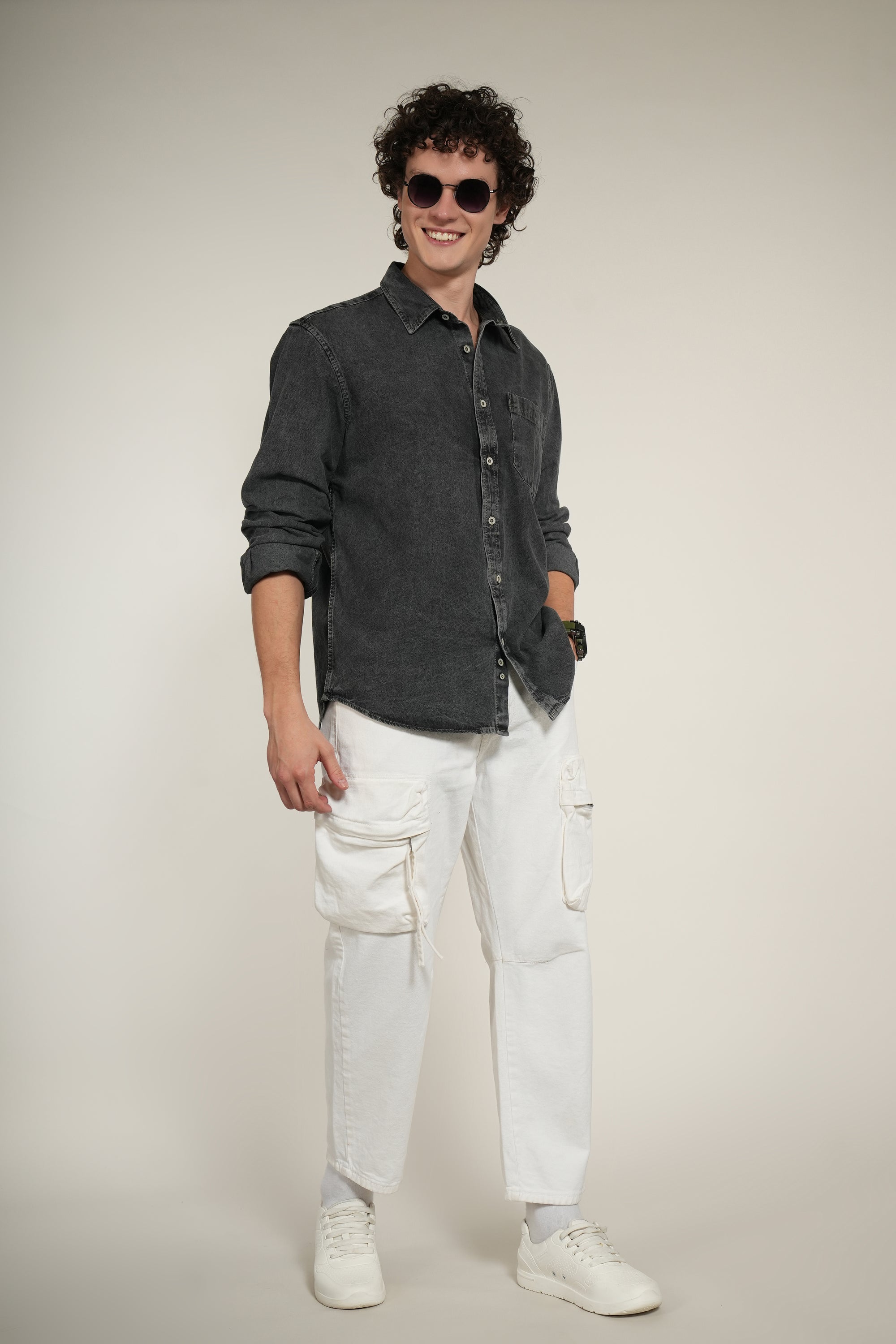 Gray Denim Relaxed Fit Full Sleeve Shirt