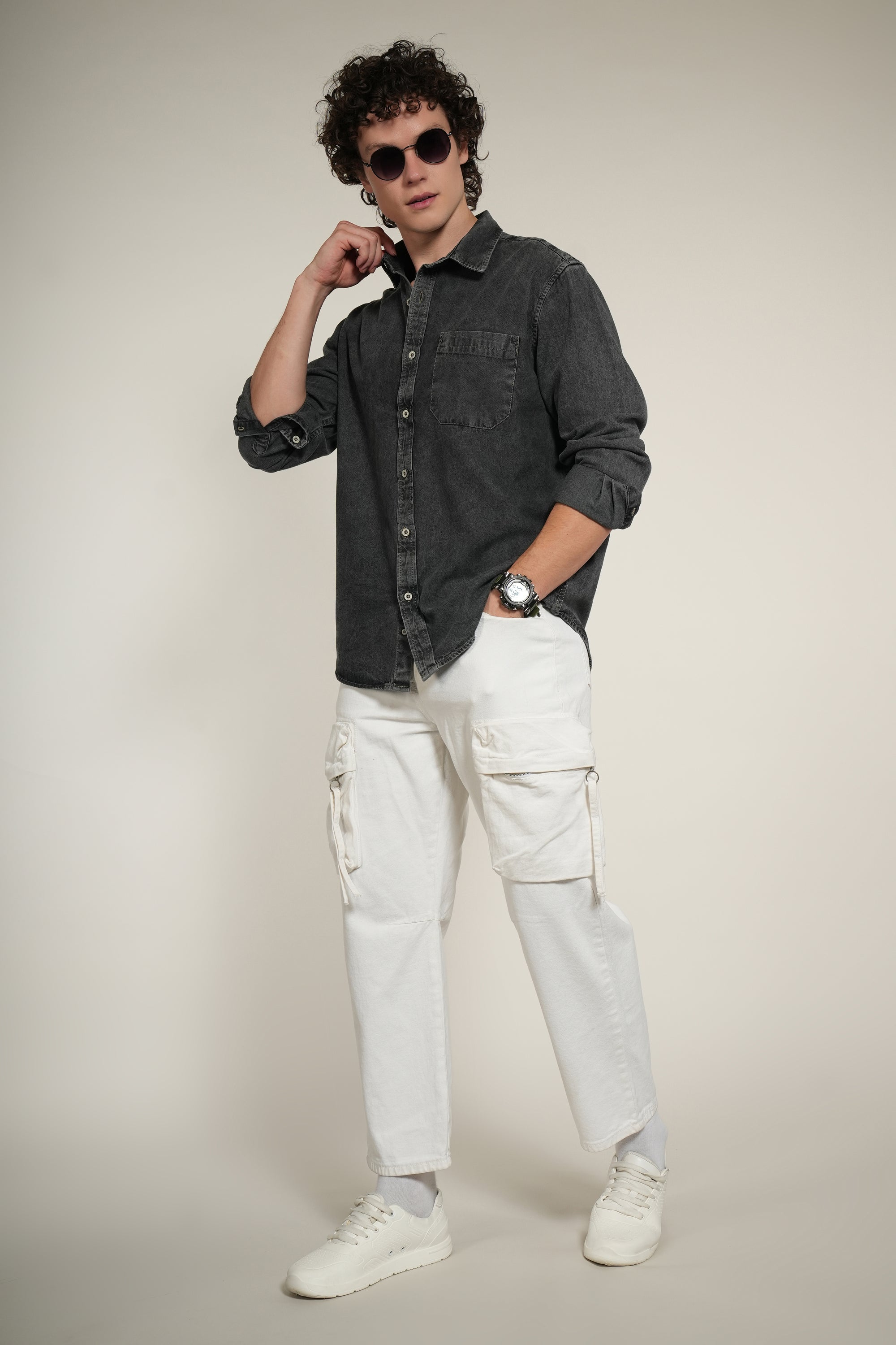 Gray Denim Relaxed Fit Full Sleeve Shirt