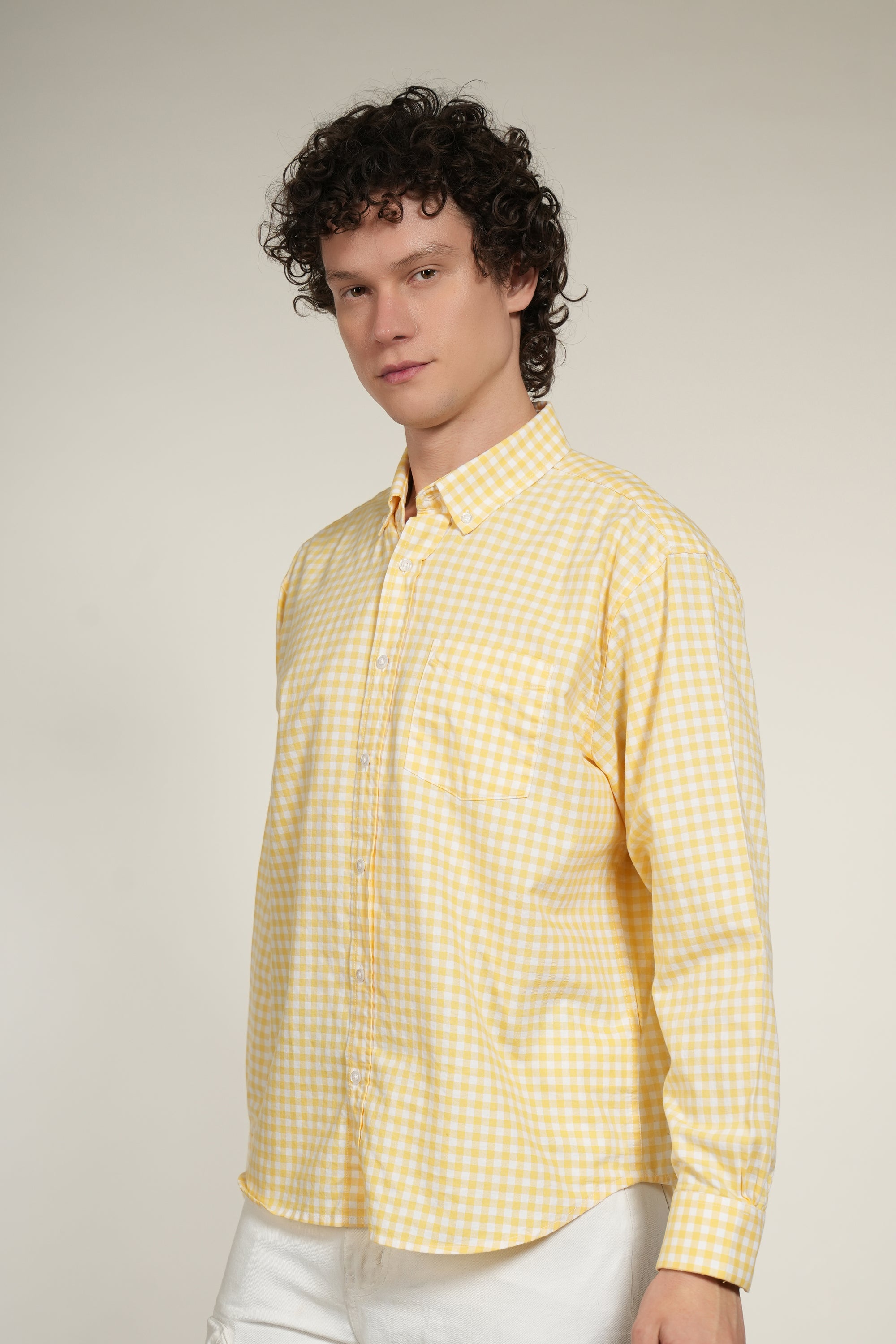 Check Yellow Relaxed Fit Full Sleeve Shirt