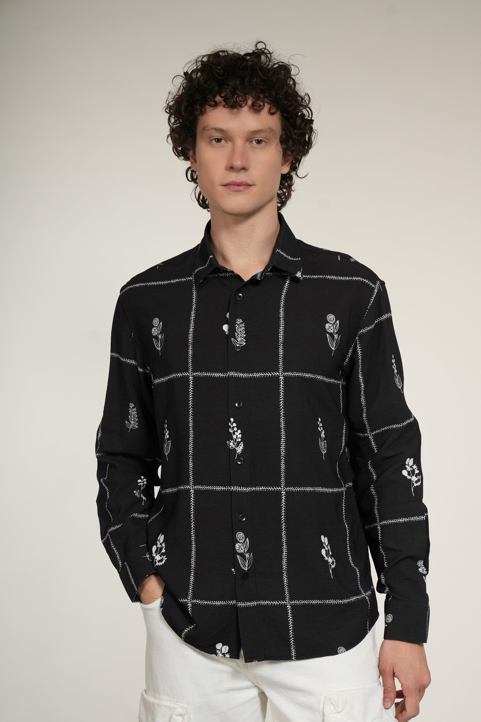 Black Printed Relaxed Fit Full Sleeve Shirt