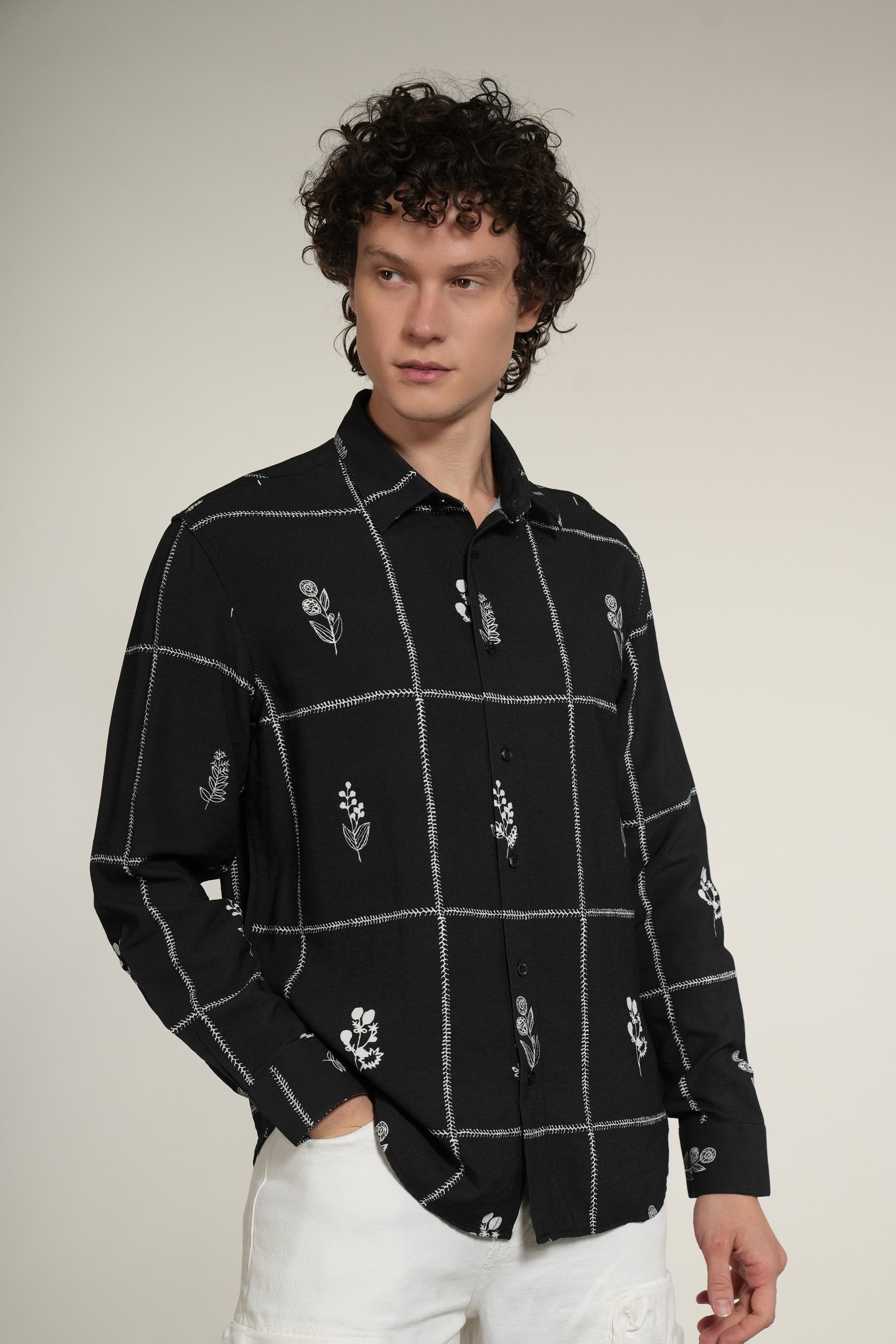 Black Printed Relaxed Fit Full Sleeve Shirt