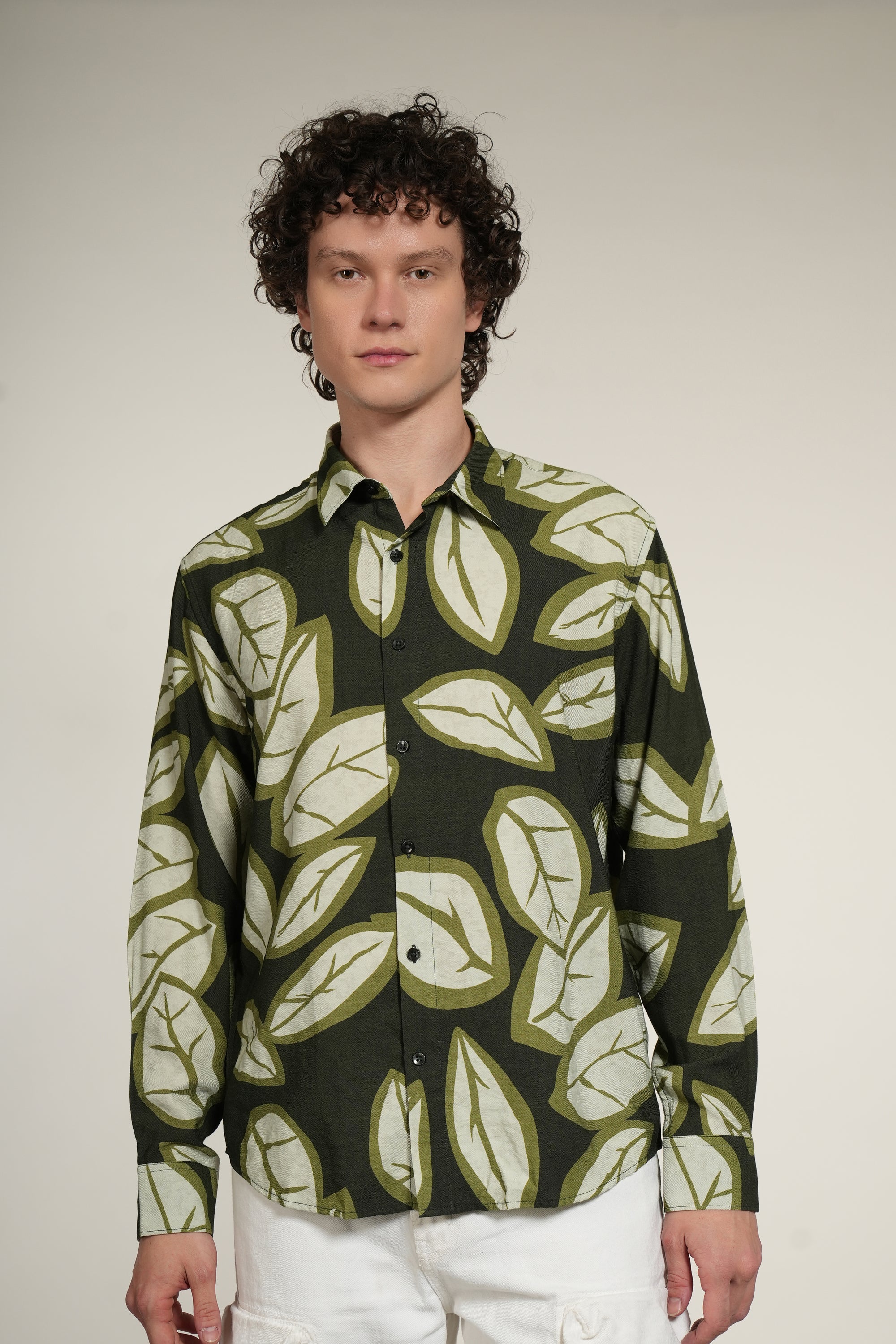 Dark Green Printed Relaxed Fit Full Sleeve Shirt
