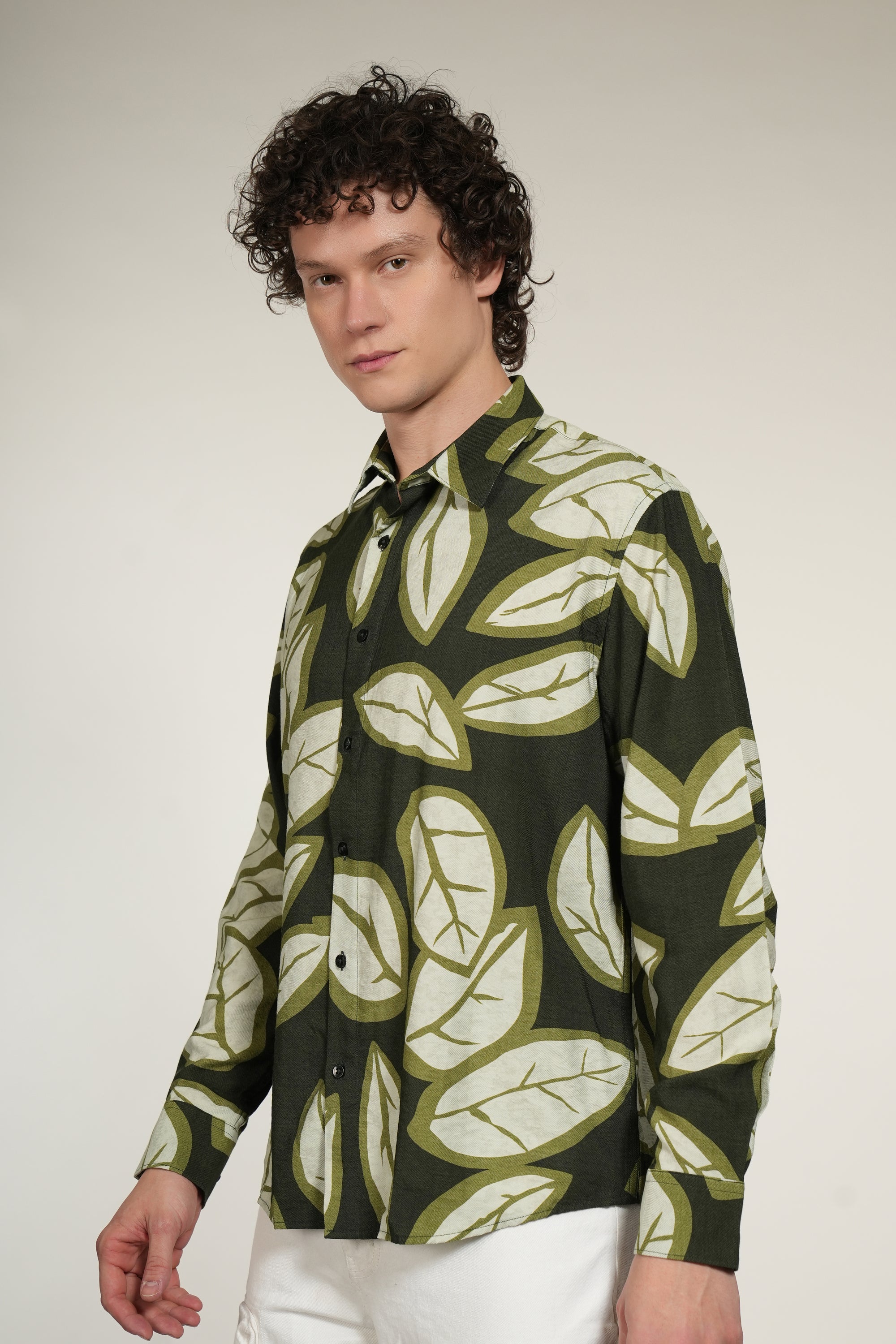 Dark Green Printed Relaxed Fit Full Sleeve Shirt