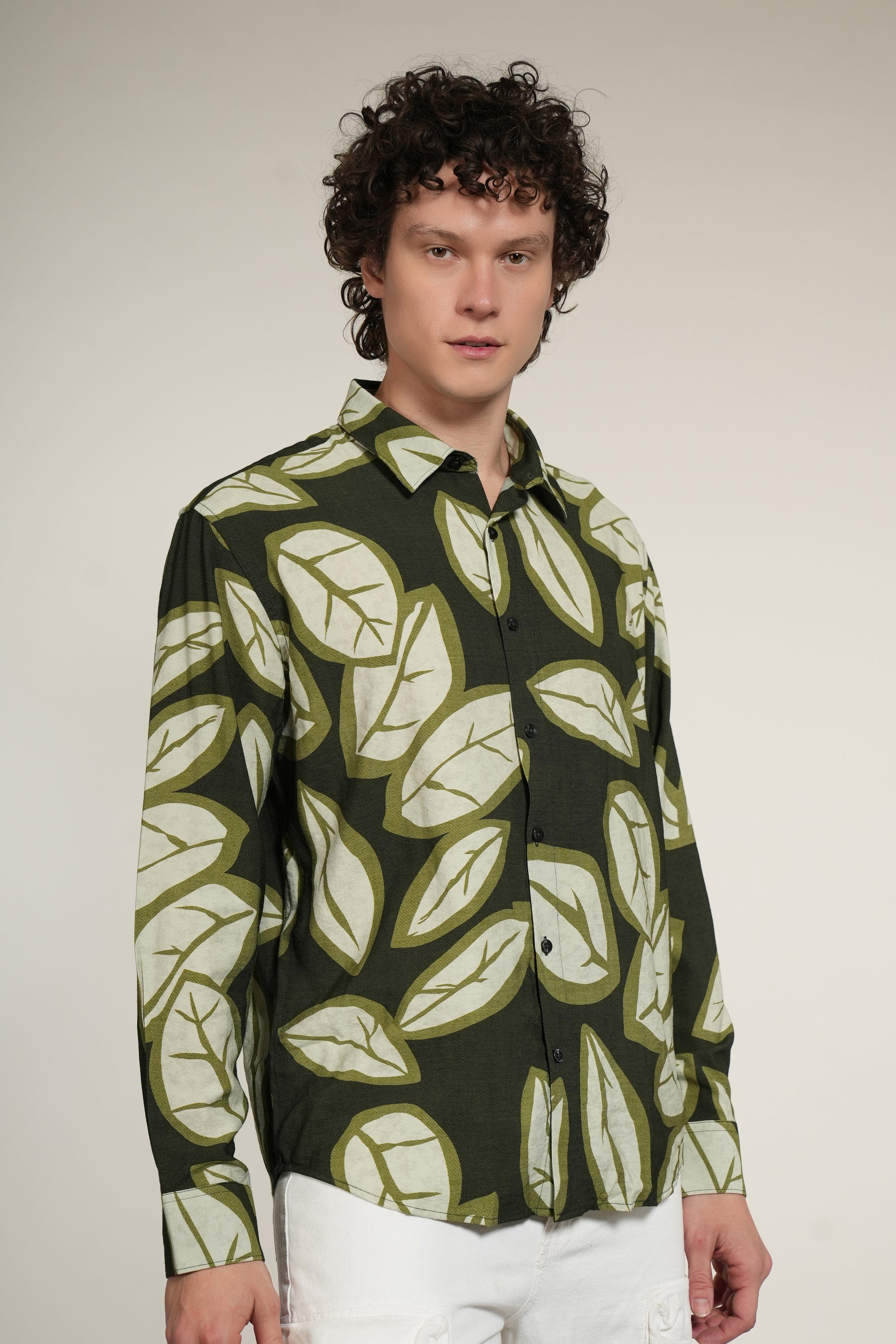 Dark Green Printed Relaxed Fit Full Sleeve Shirt