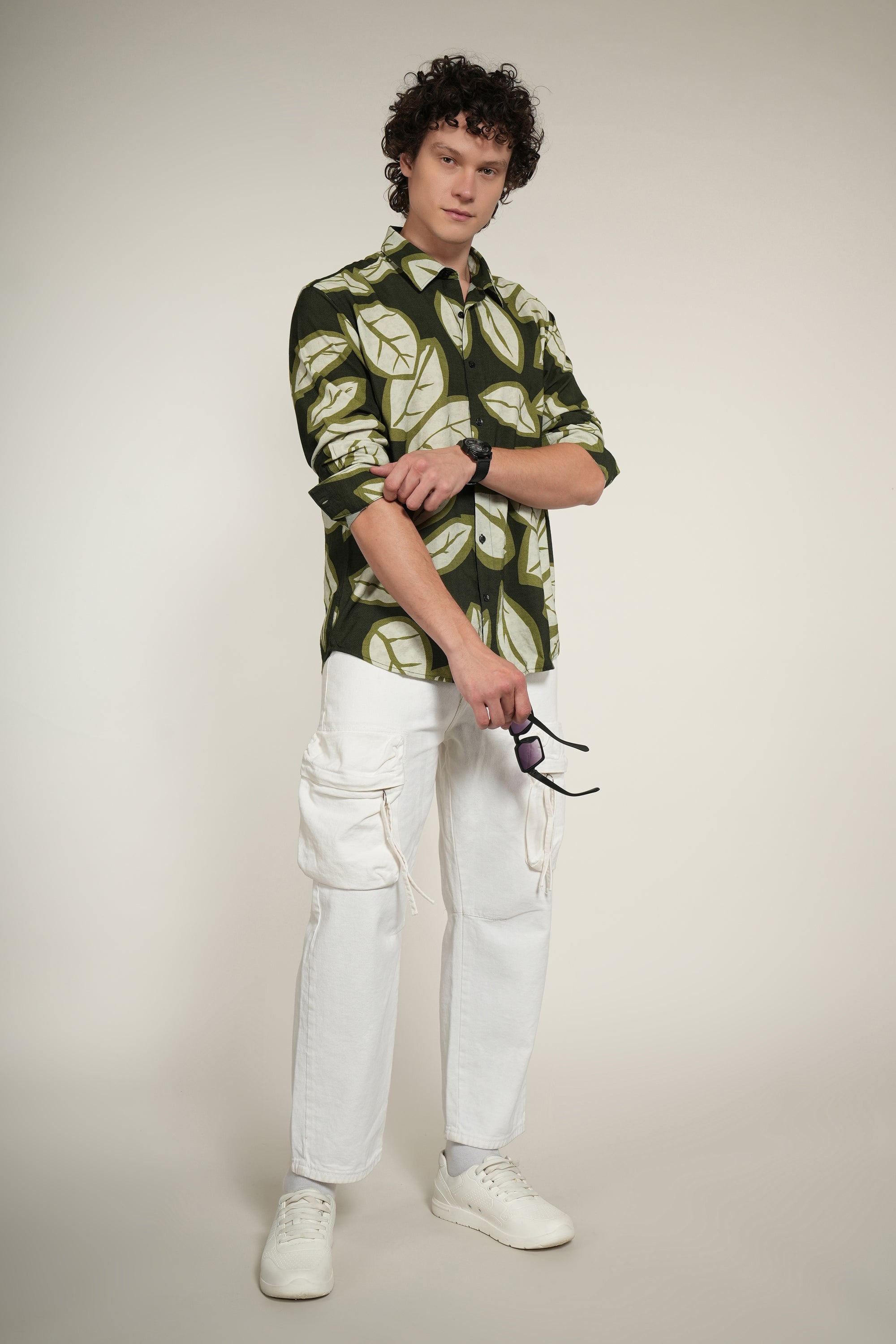 Dark Green Printed Relaxed Fit Full Sleeve Shirt