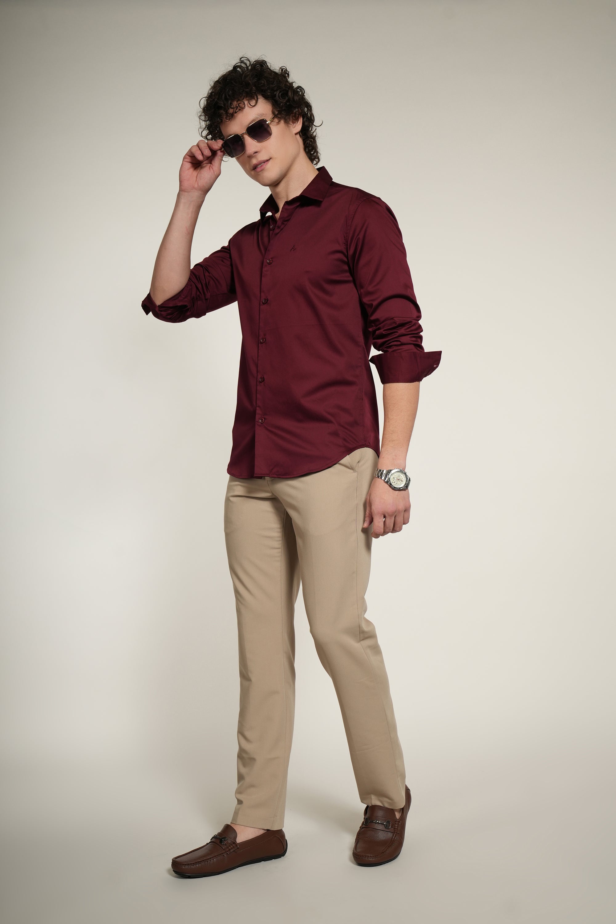 Lycra Maroon Slim Fit Full Sleeve Shirt