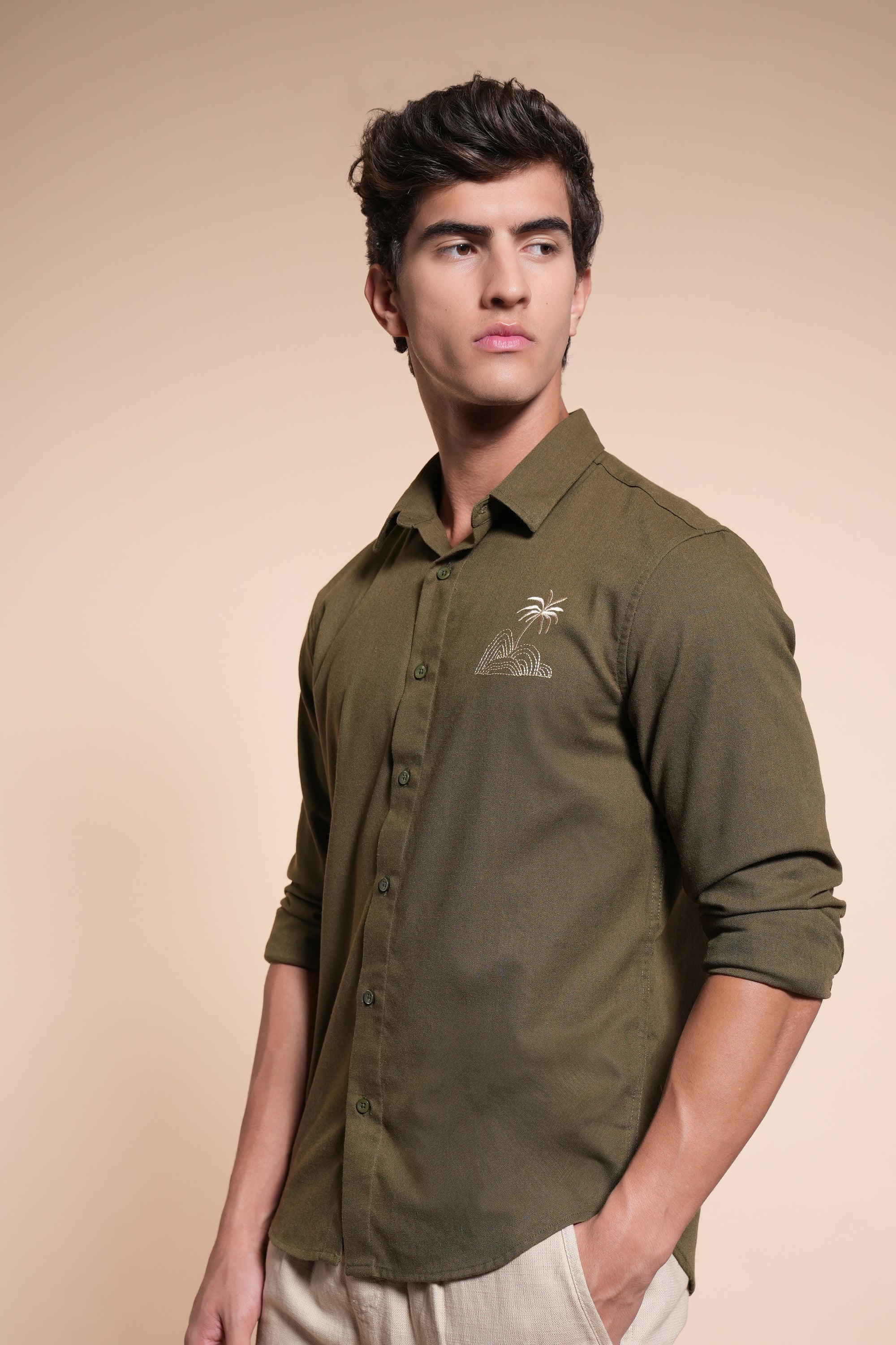 Palm Embroidery Relaxed Fit Olive Green Shirt