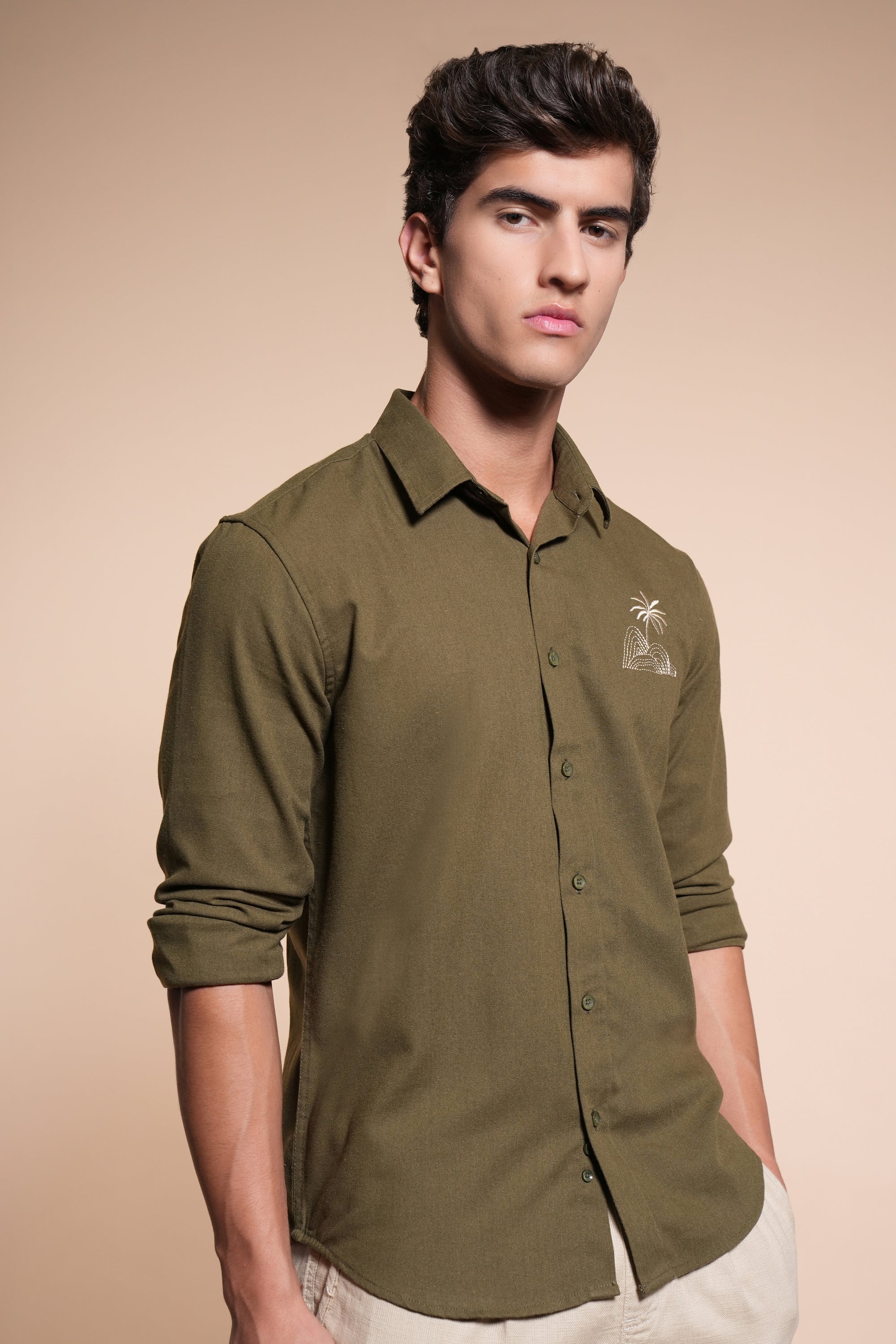 Palm Embroidery Relaxed Fit Olive Green Shirt