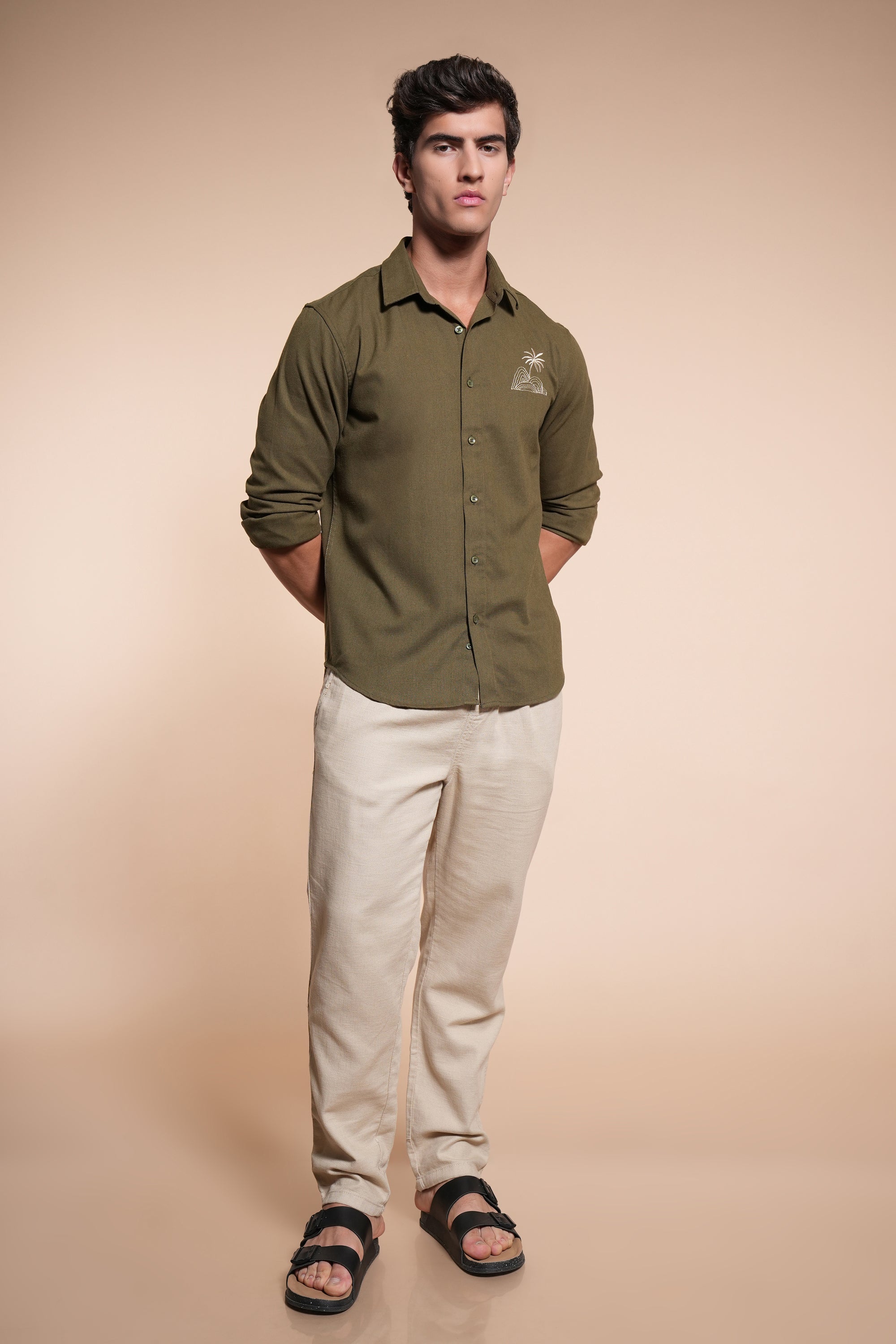 Palm Embroidery Relaxed Fit Olive Green Shirt