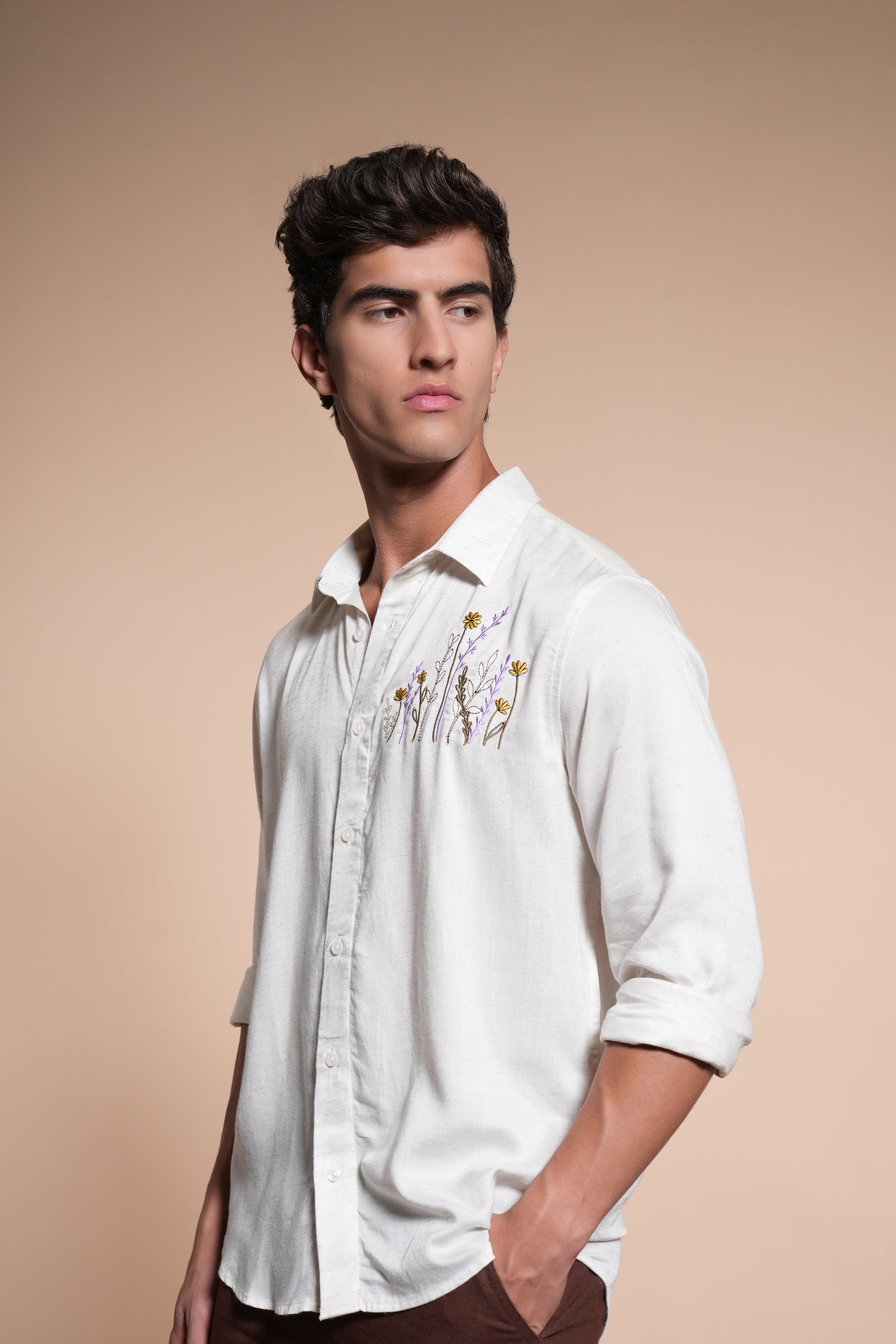 Herbs Embroidery Linen Relaxed Fit Half White Shirt