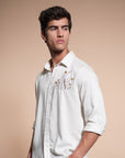 Herbs Embroidery Linen Relaxed Fit Half White Shirt