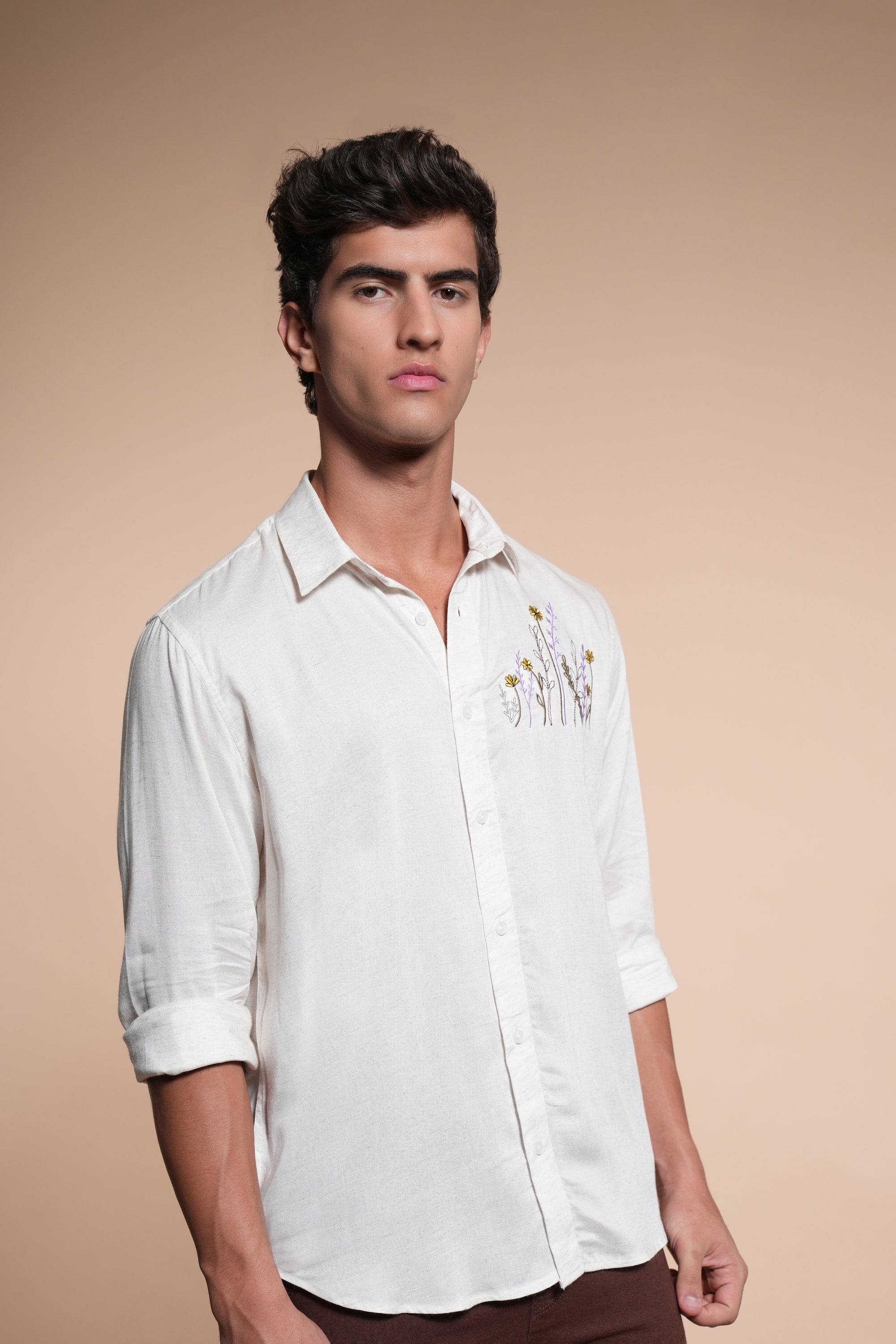 Herbs Embroidery Linen Relaxed Fit Half White Shirt