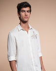 Herbs Embroidery Linen Relaxed Fit Half White Shirt