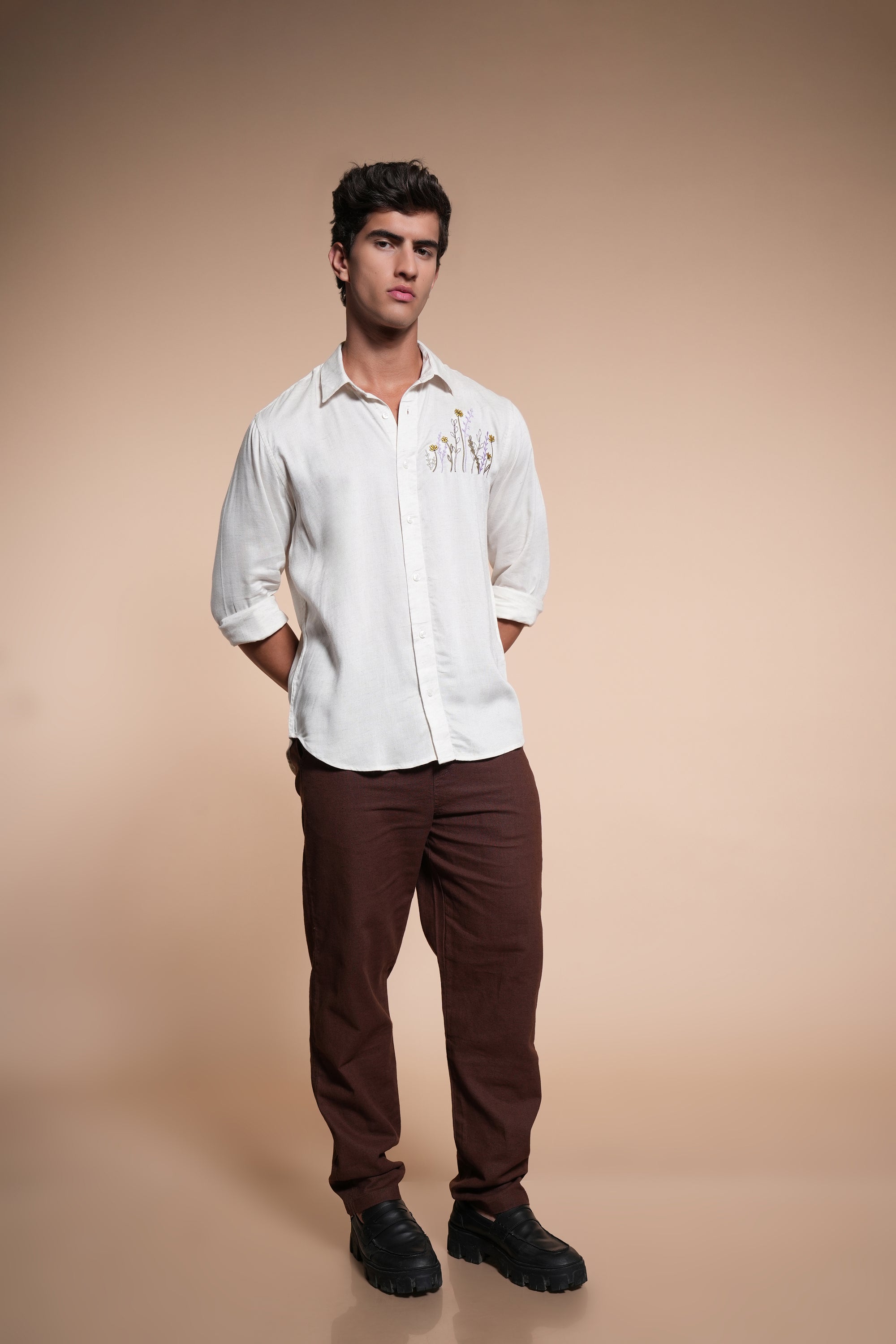 Herbs Embroidery Linen Relaxed Fit Half White Shirt