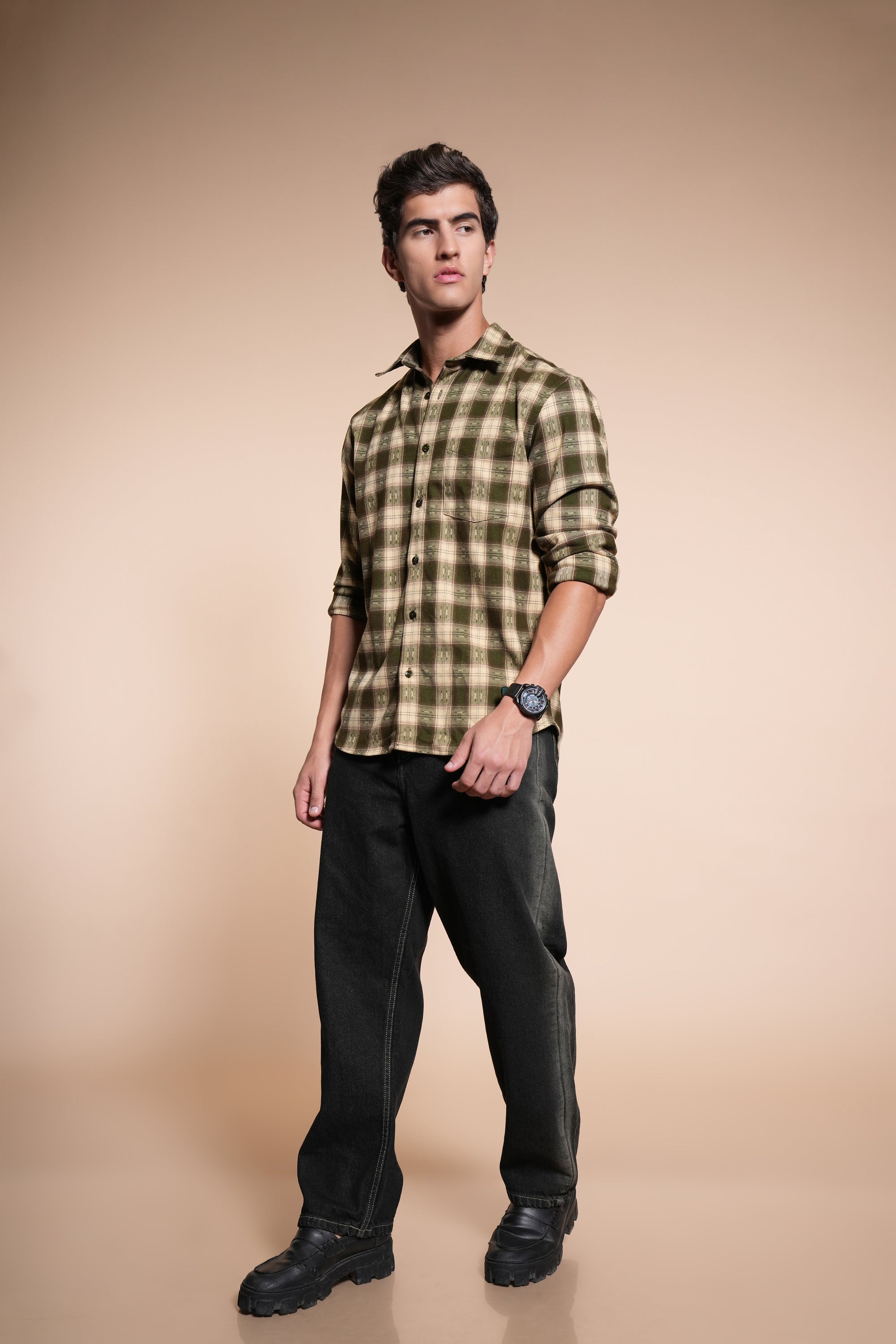 Flannel Relaxed Fit Check Shirt- Forest Green